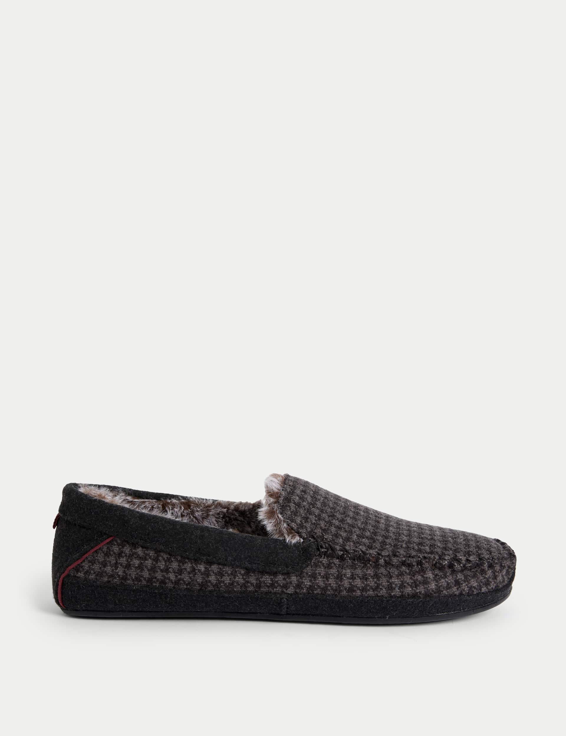 M&S Men's Puppytooth Moccasin Slippers with Freshfeet - 9 - Grey Mix, Grey Mix