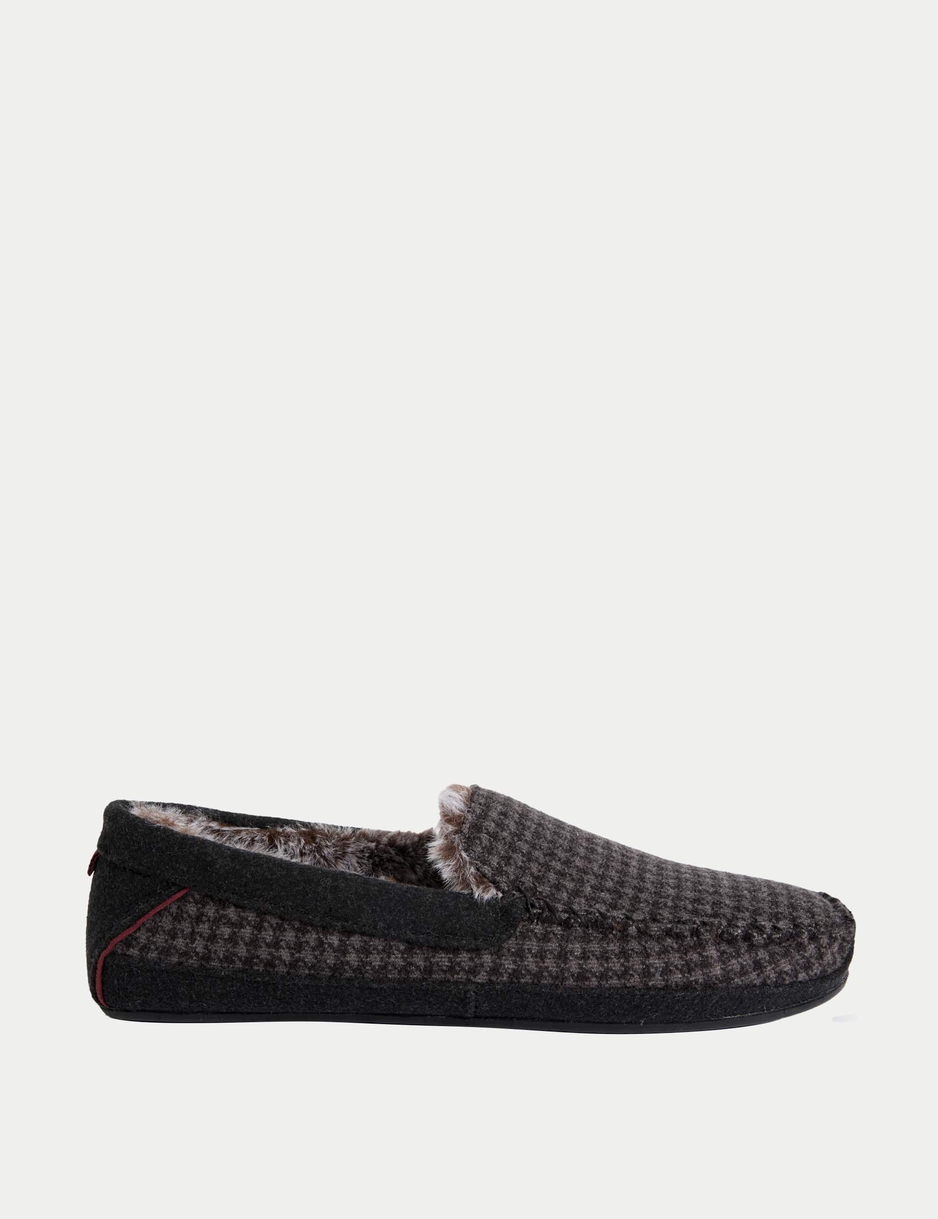 M&S Collection Men's Puppytooth Moccasin Slippers with Freshfeet - 12 - Grey Mix, Grey Mix