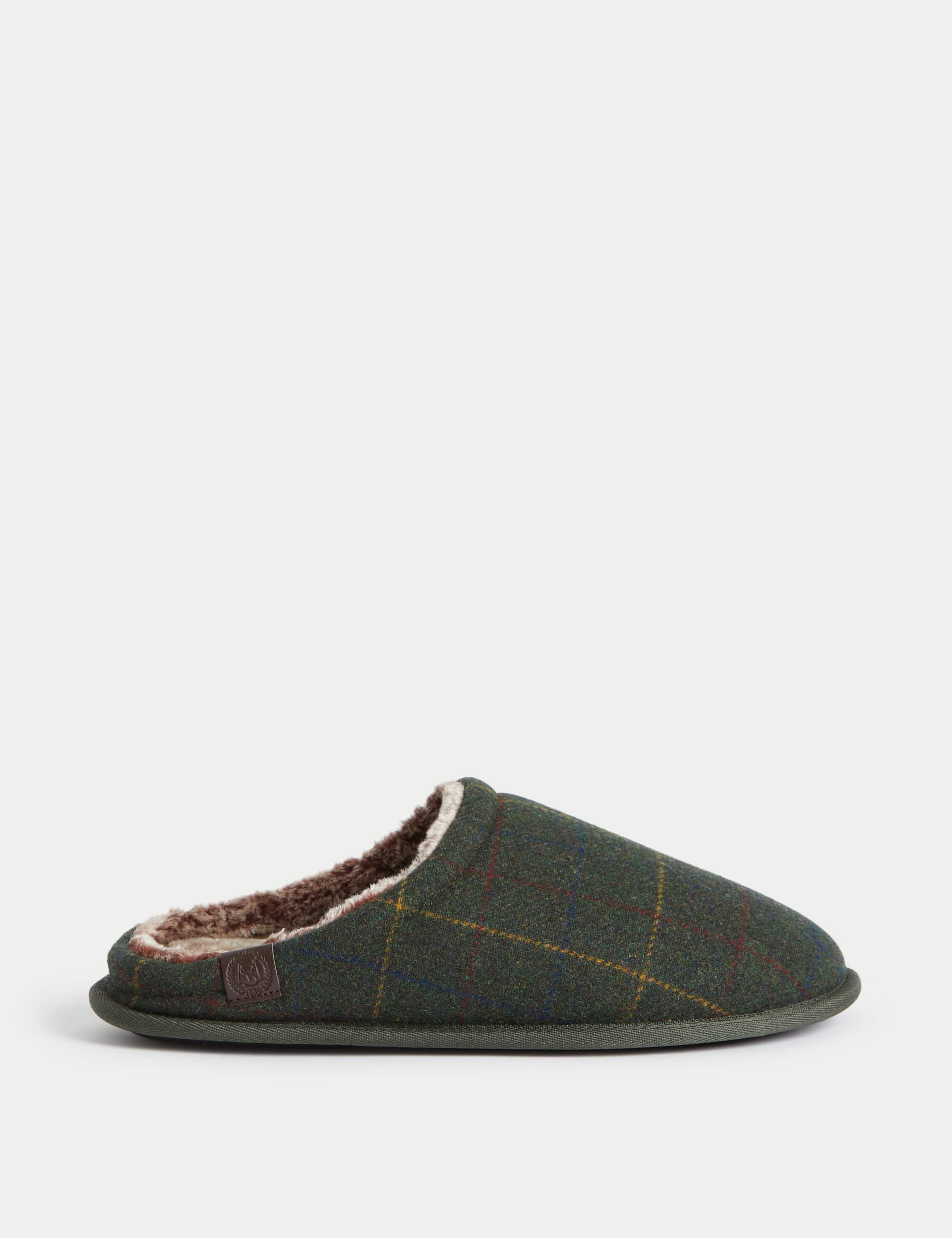 M&S Men's Heritage Tweed Mule Slippers with Freshfeet - 9 - Green, Brown,Green,Dark Grey