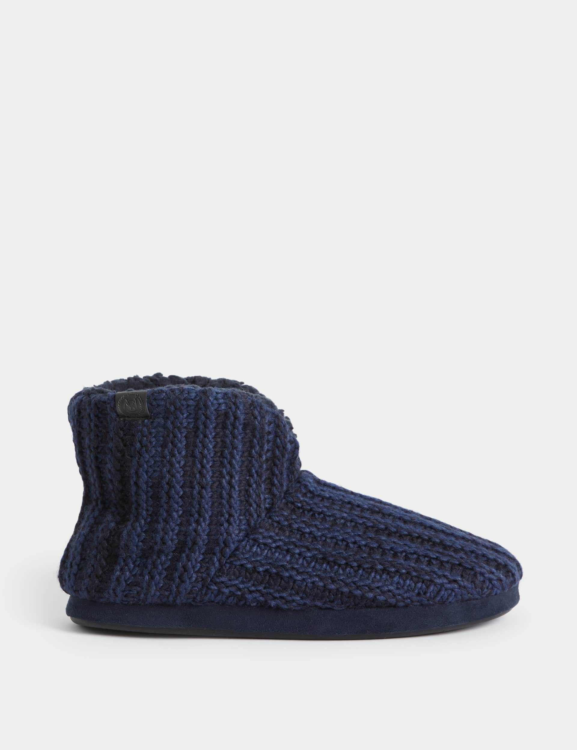 M&S Men's Cable Knit Slipper Boots with Freshfeet - 9 - Navy, Navy,Charcoal