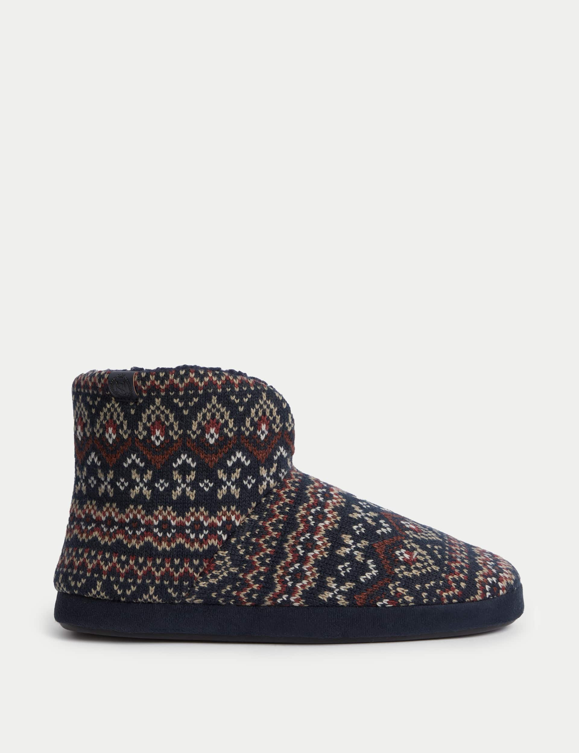 M&S Men's Fair Isle Slipper Boots with Freshfeet - 9 - Navy Mix, Navy Mix