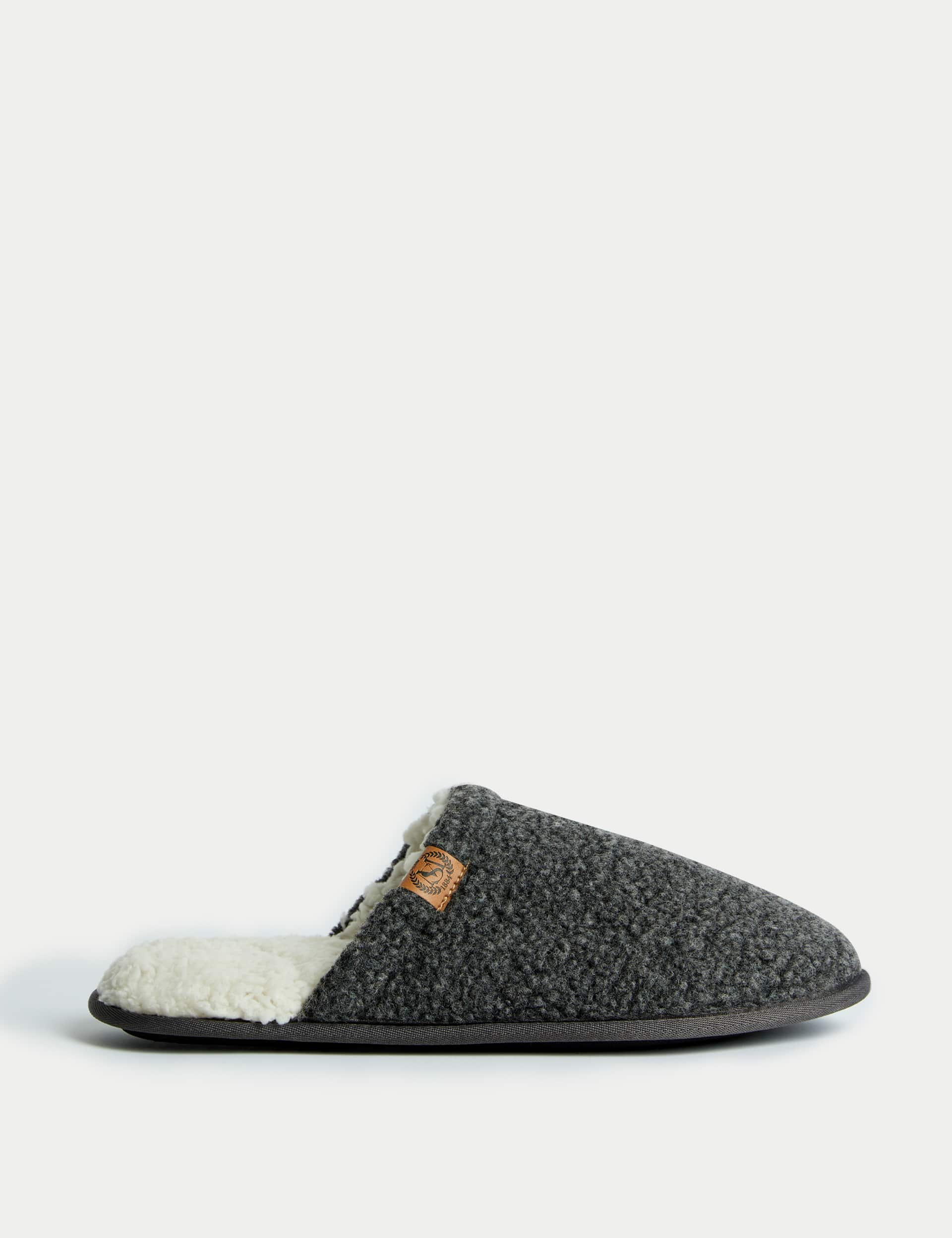 M&S Men's Fleece Lined Mule Slippers - 9 - Grey, Grey