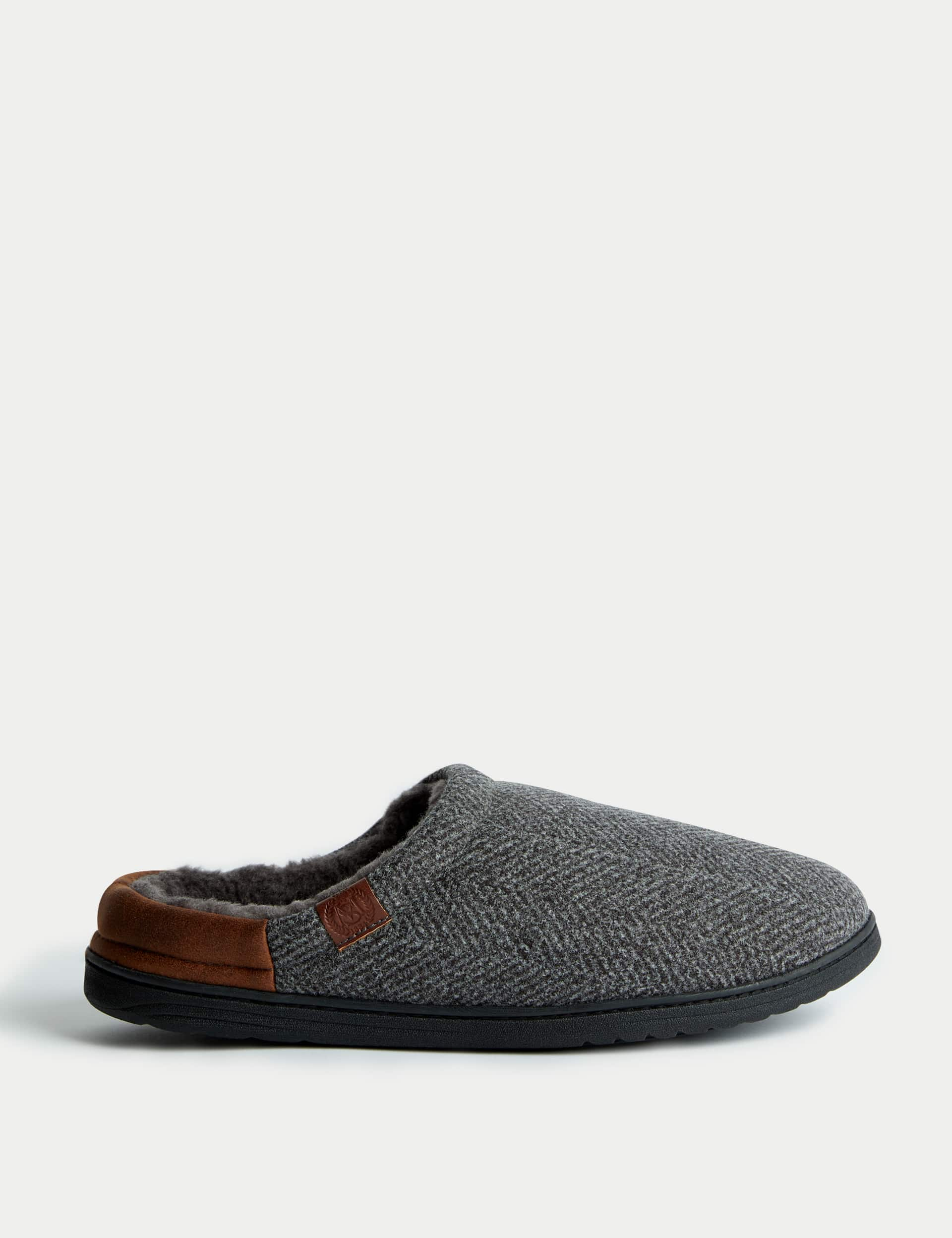 M&S Men's Herringbone Mule Slippers - Grey Mix, Grey Mix