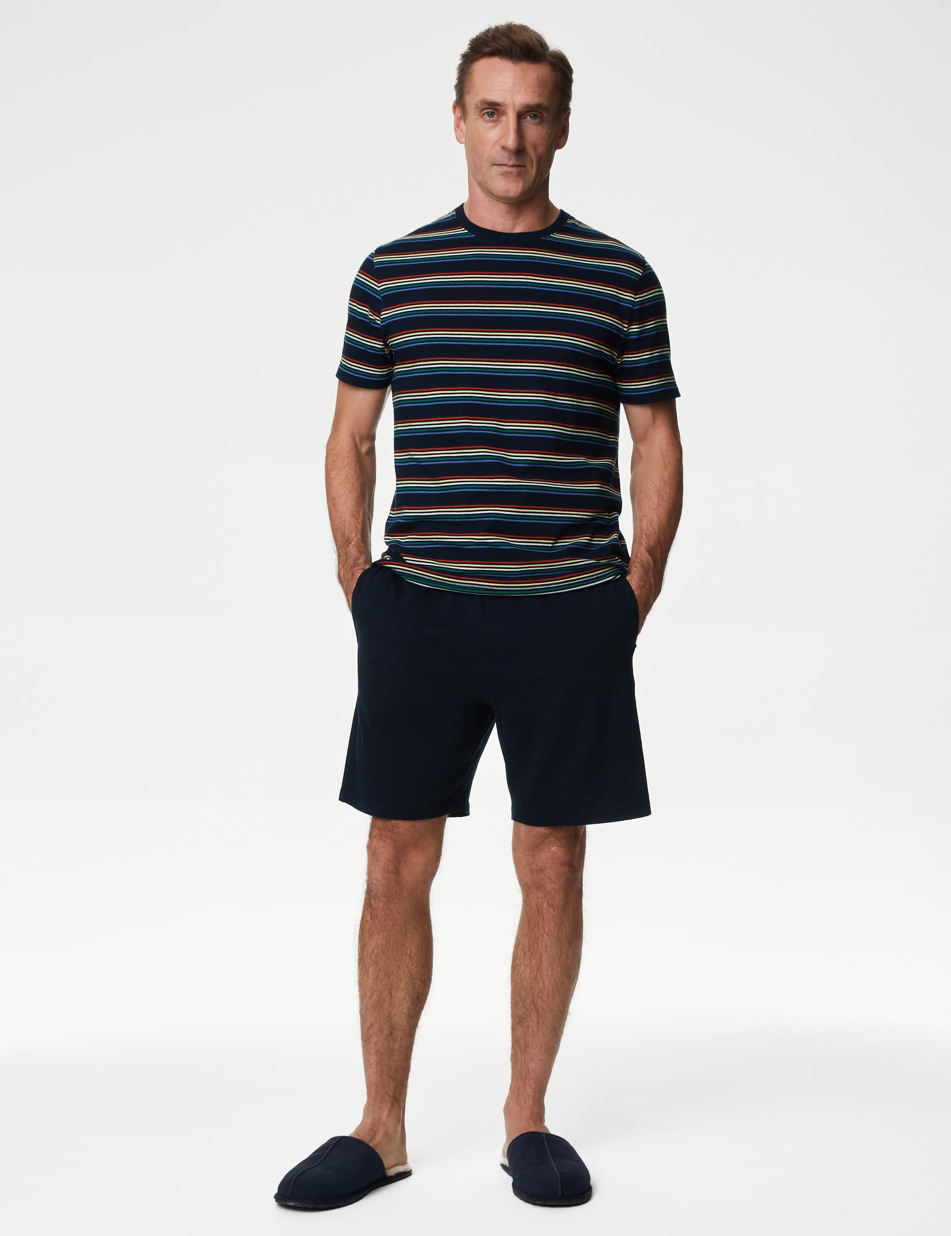 M&S Men's Pure Cotton Striped Pyjama Set - L - Navy Mix, Navy Mix