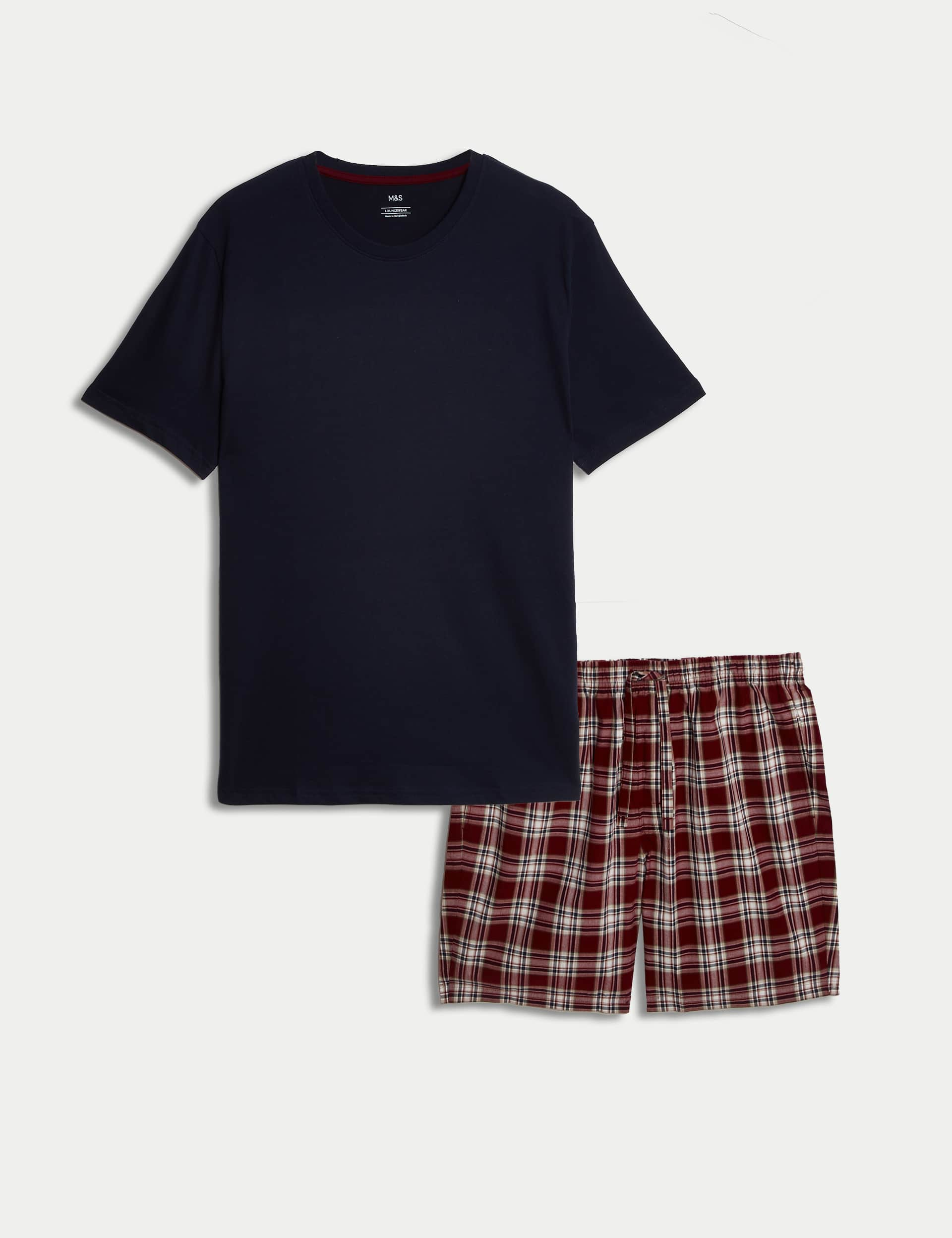 M&S Men's Pure Cotton Checked Pyjama Set - Navy Mix, Navy Mix