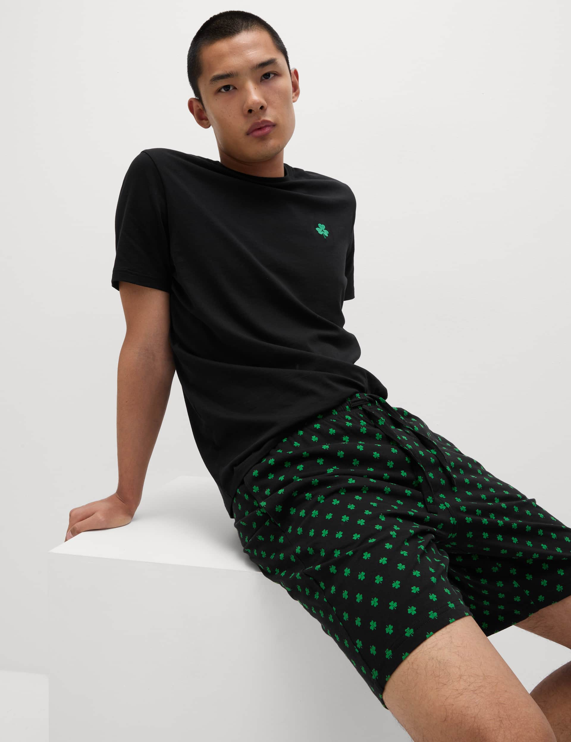 M&S Collection Men's Pure Cotton Shamrock Print Pyjama Set - L - Green Mix, Green Mix