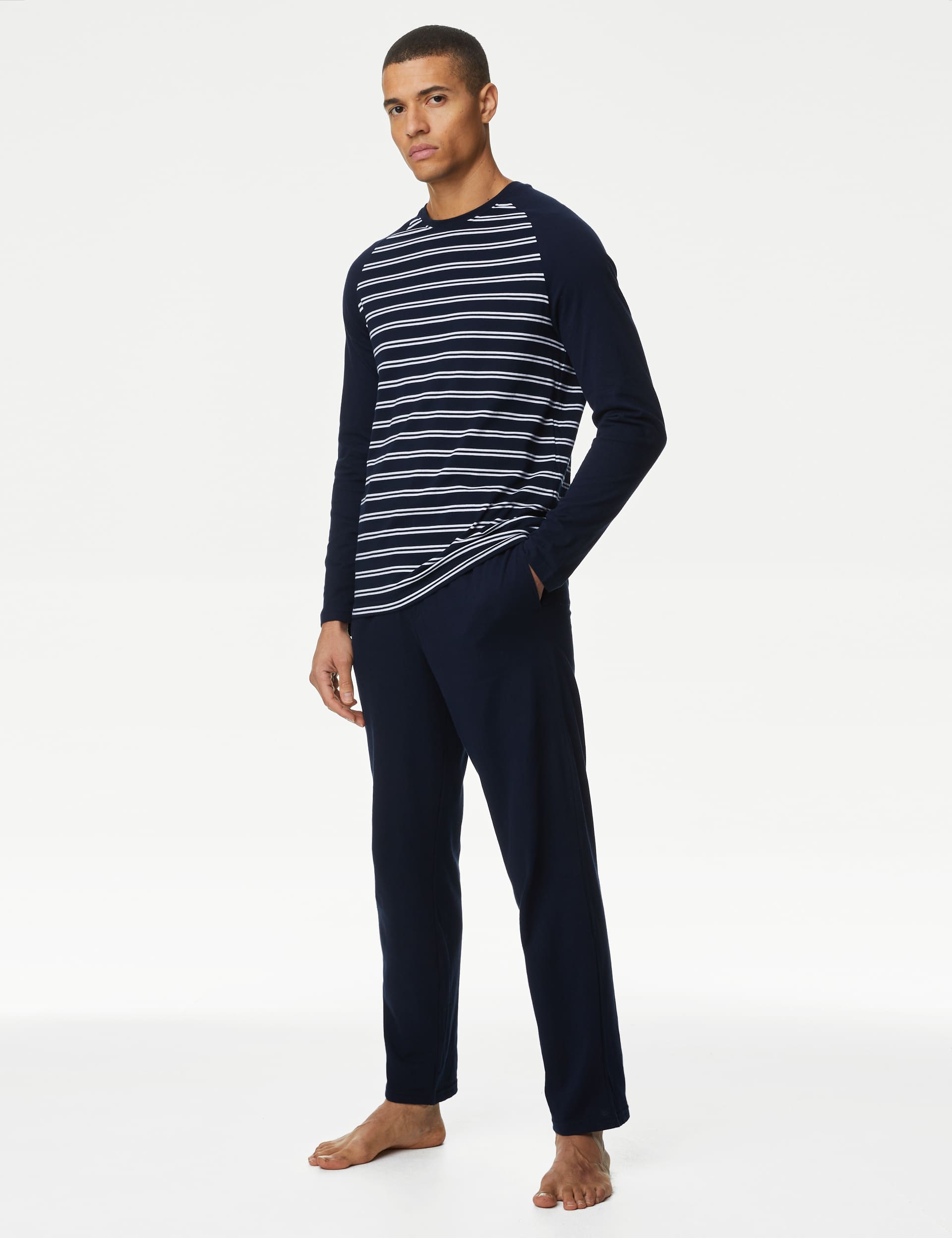 M&S Men's Pure Cotton Striped Pyjama Set - L - Navy Mix, Navy Mix,Burgundy Mix