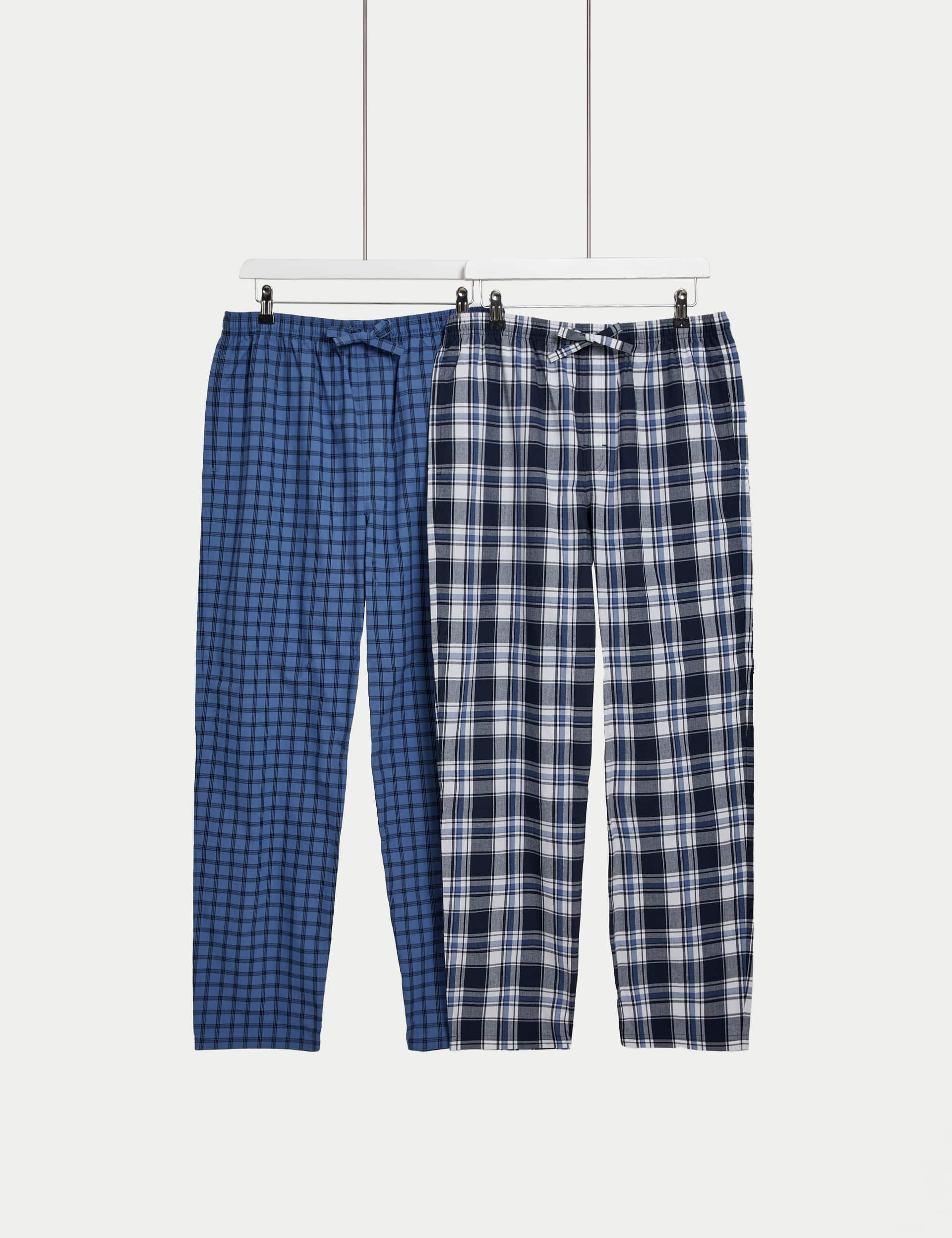 M&S Men's 2pk Pure Cotton Checked Pyjama Bottoms - XL - Navy Mix, Navy Mix