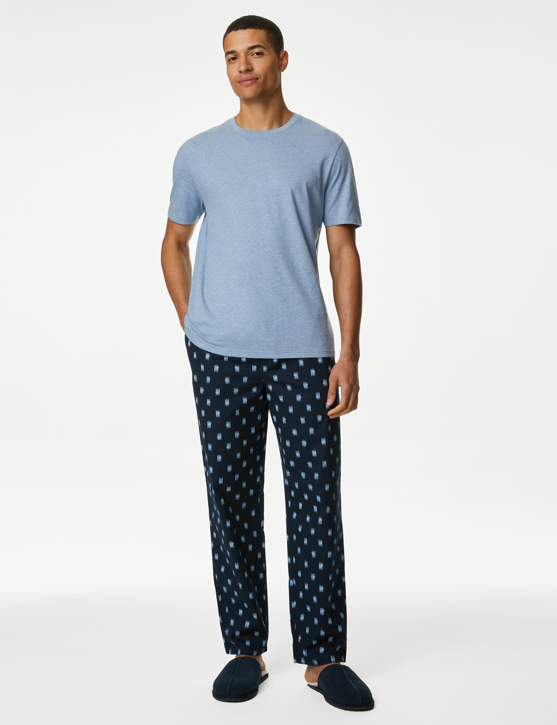 M&S Men's Cotton Rich Printed Pyjama Set - XL - Denim Mix, Denim Mix