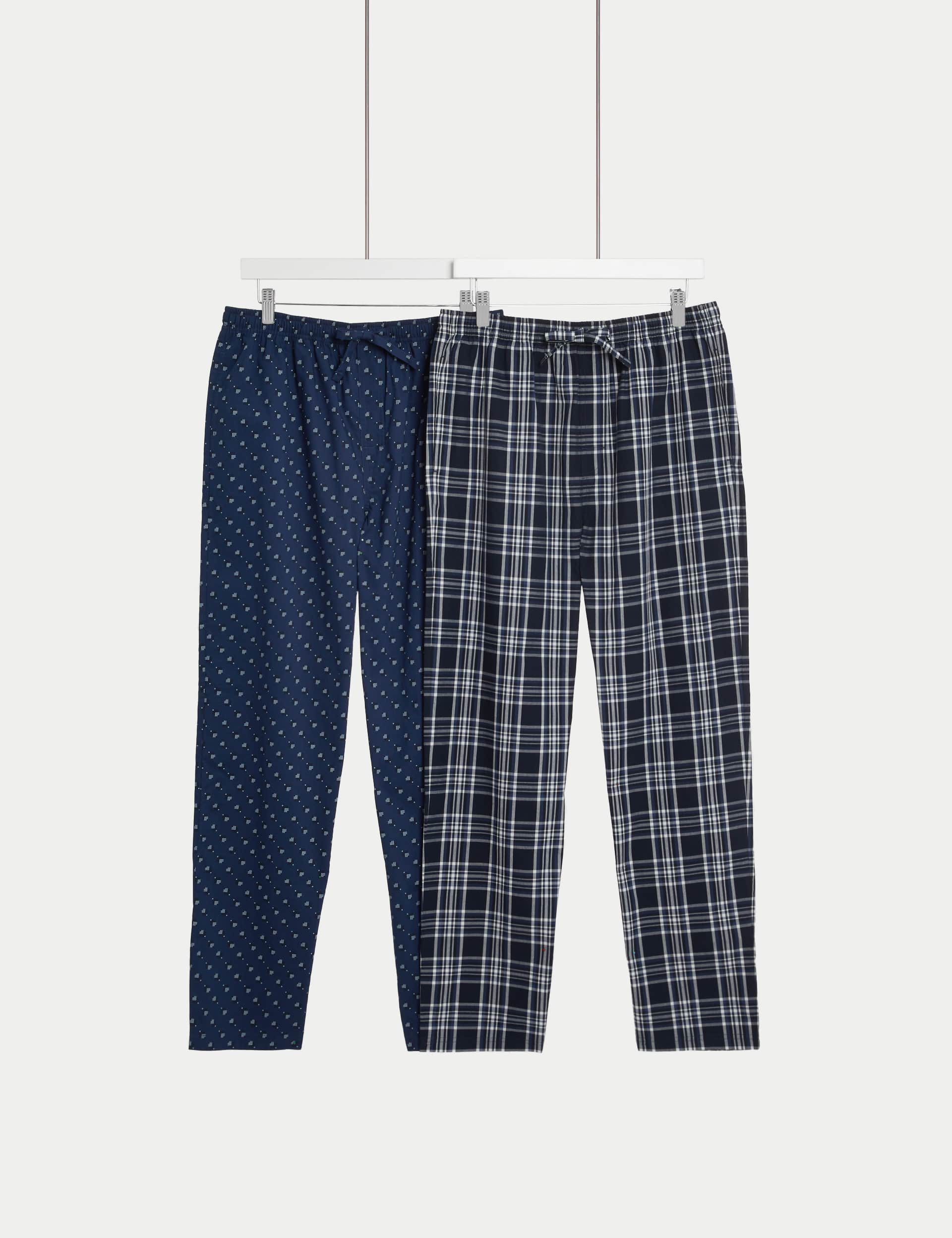 M&S Men's 2pk Pure Cotton Pyjama Bottoms - L - Navy Mix, Navy Mix