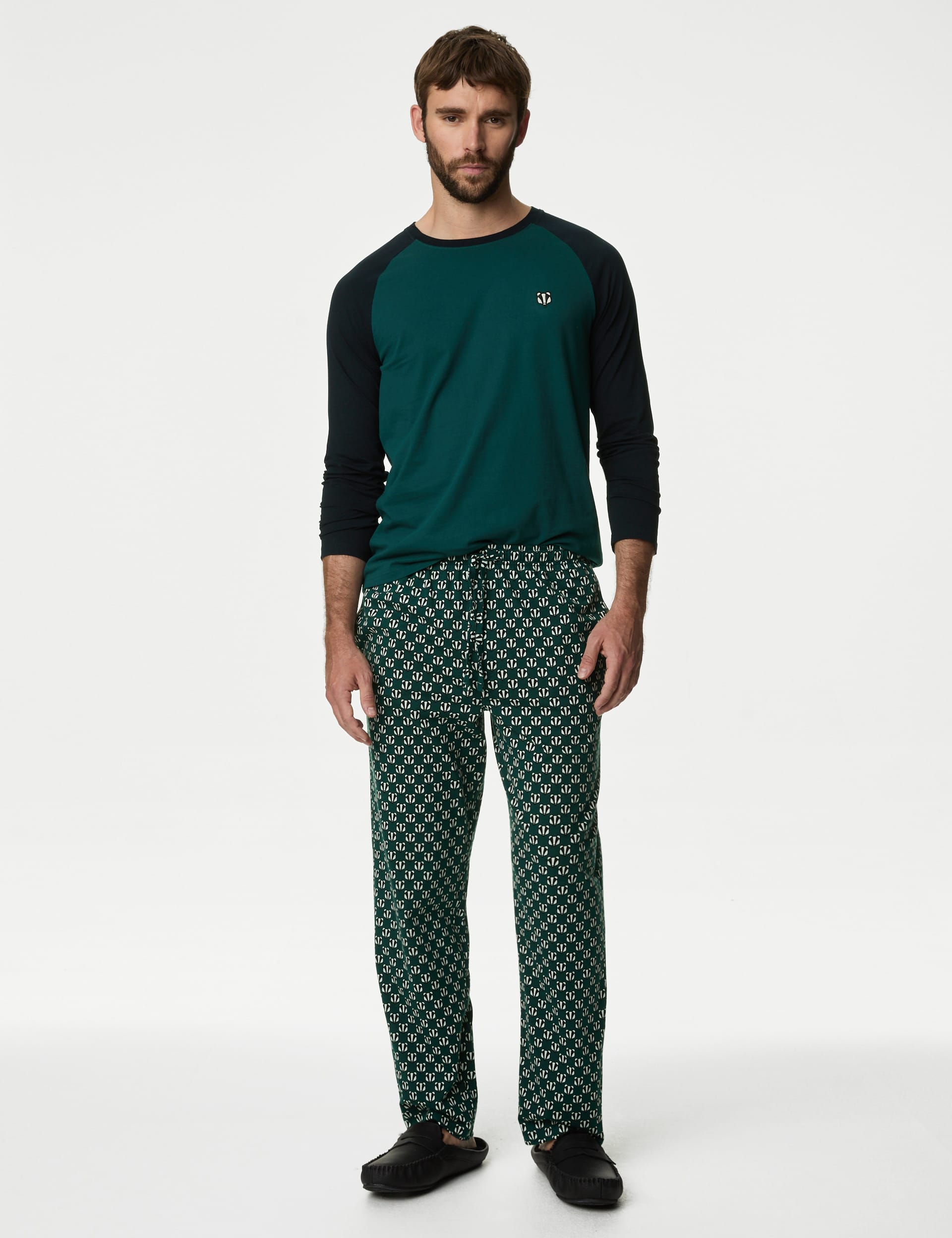 M&S Men's Pure Cotton Badger Print Pyjama Set - L - Teal Mix, Teal Mix