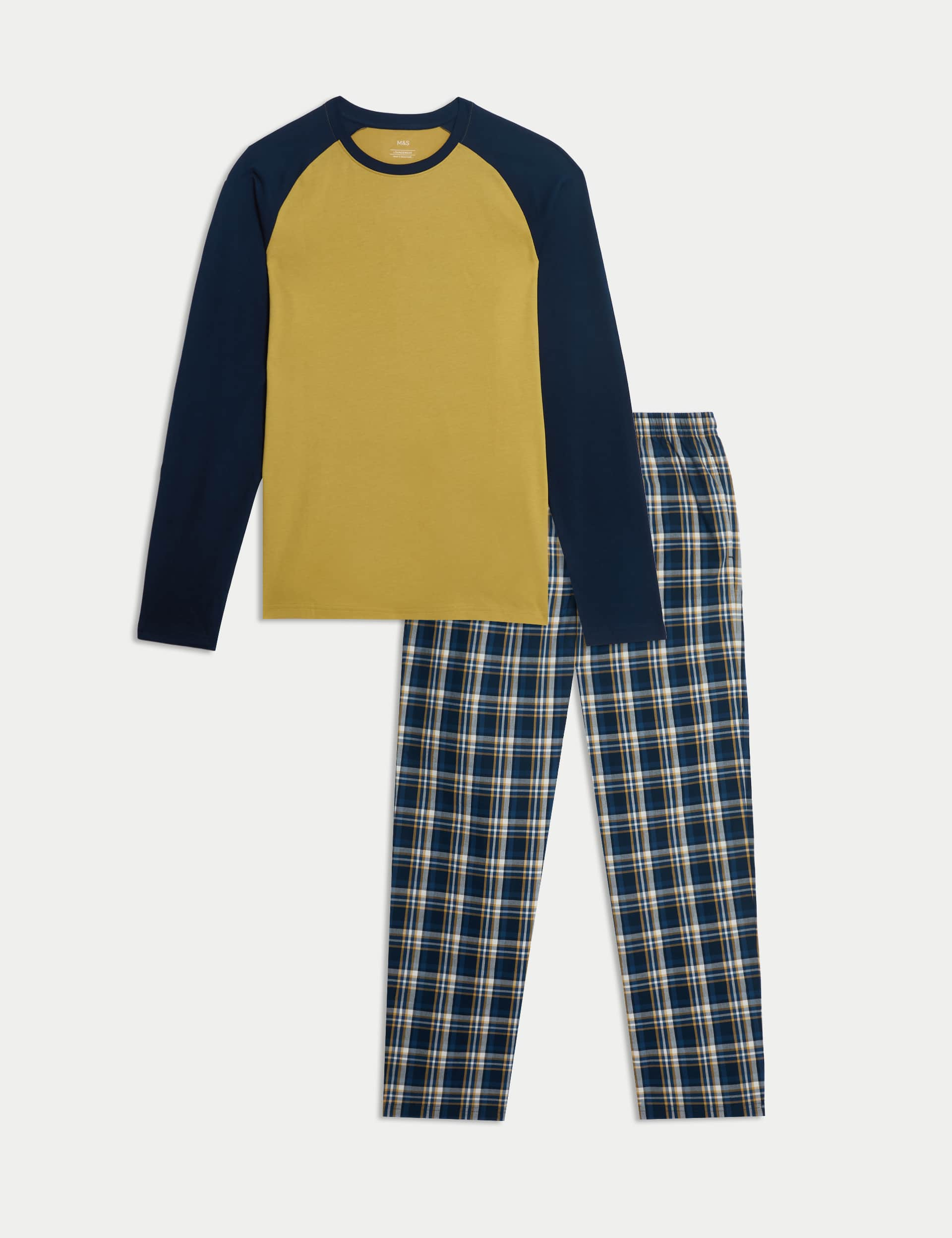 M&S Men's Pure Cotton Raglan Checked Pyjama Set - Yellow Mix, Yellow Mix