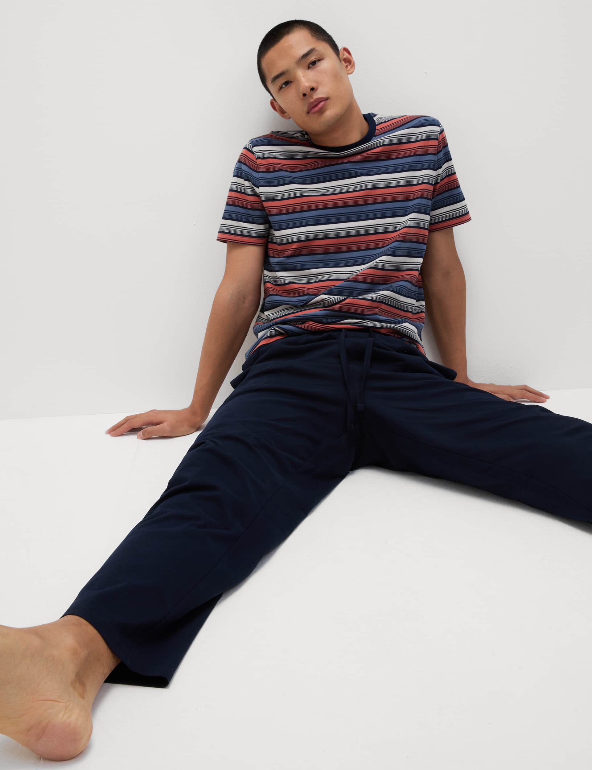 M&S Collection Men's Pure Cotton Ombre Stripe Pyjama Set - L - Navy Mix, Navy Mix