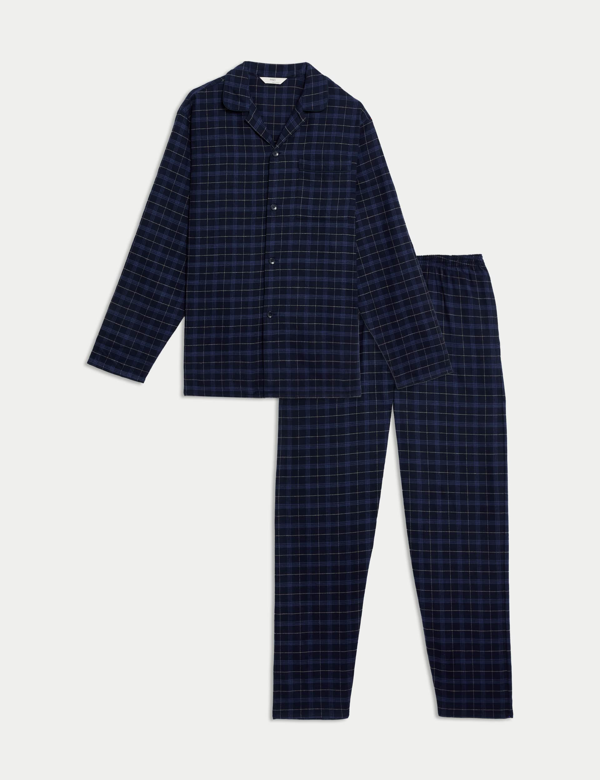 M&S Men's Brushed Cotton Checked Pyjama Set - L - Navy Mix, Navy Mix,Grey Mix