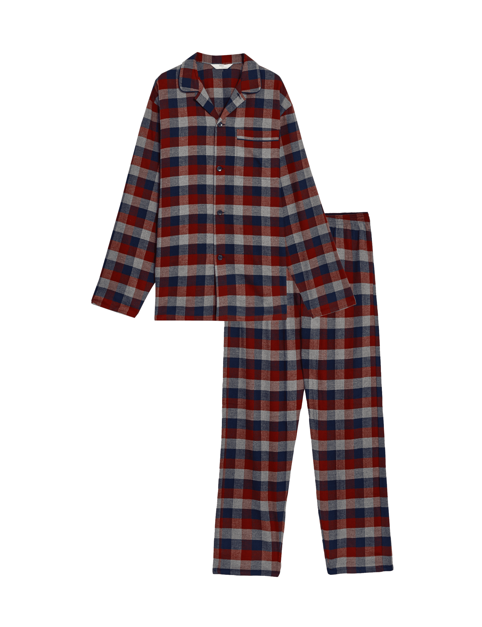 M&S Collection Men's Brushed Cotton Checked Pyjama Set - L - Burgundy Mix, Burgundy Mix,Green Mix