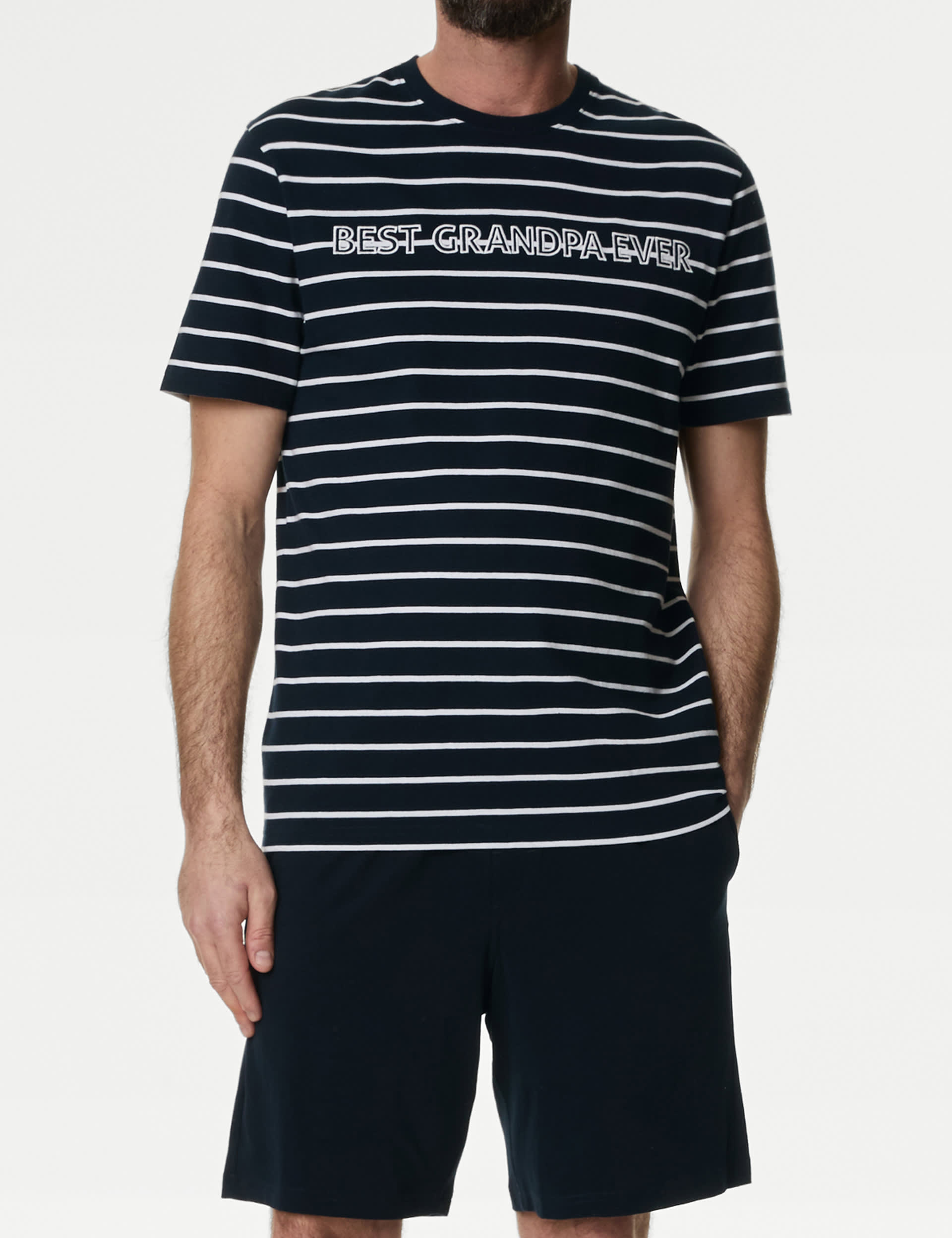 M&S Men's Pure Cotton Best Grandpa Slogan Pyjama Set - Navy Mix, Navy Mix