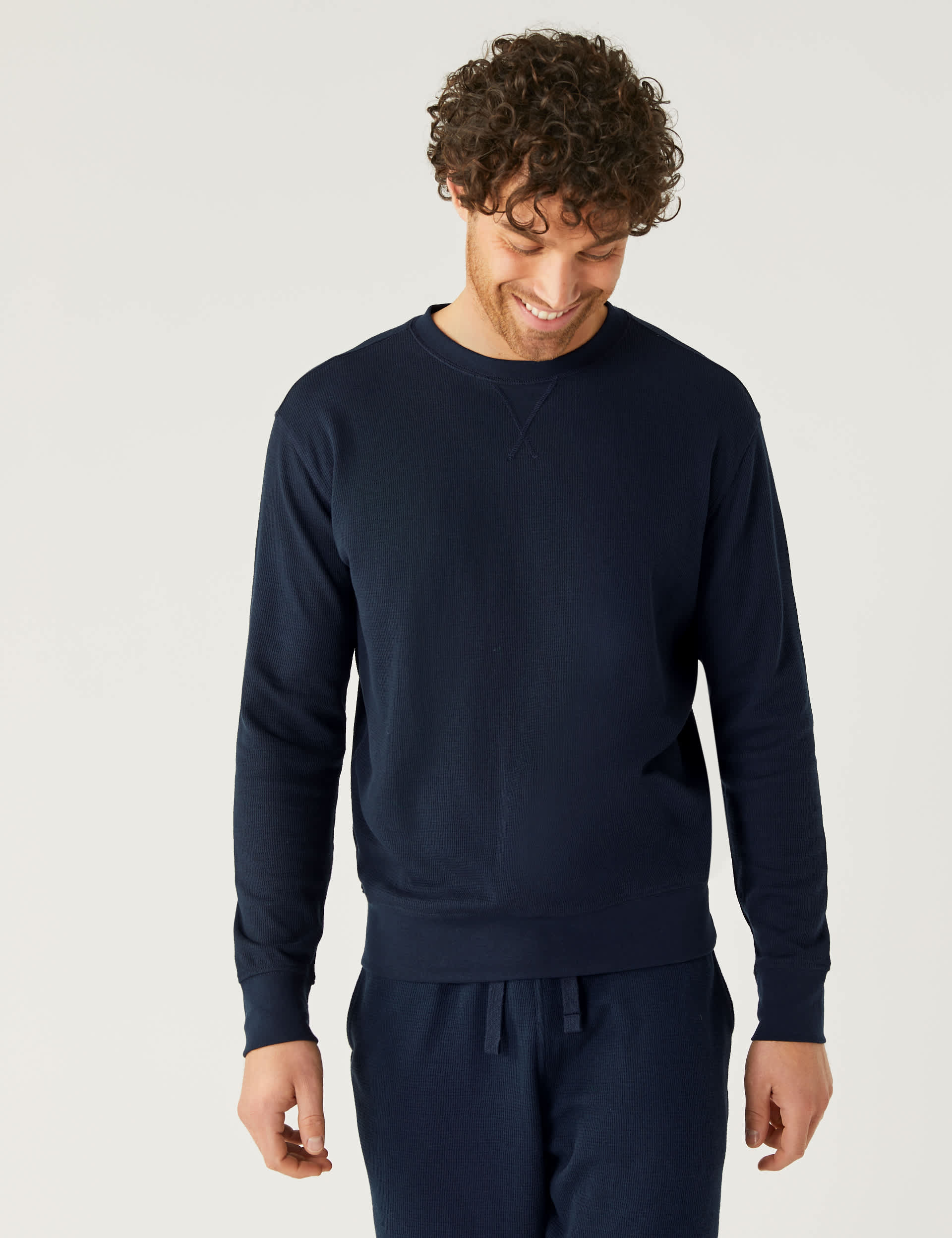 M&S Collection Men's Cotton Supersoft Waffle Loungewear Sweatshirt - XL - Dark Navy, Dark Navy