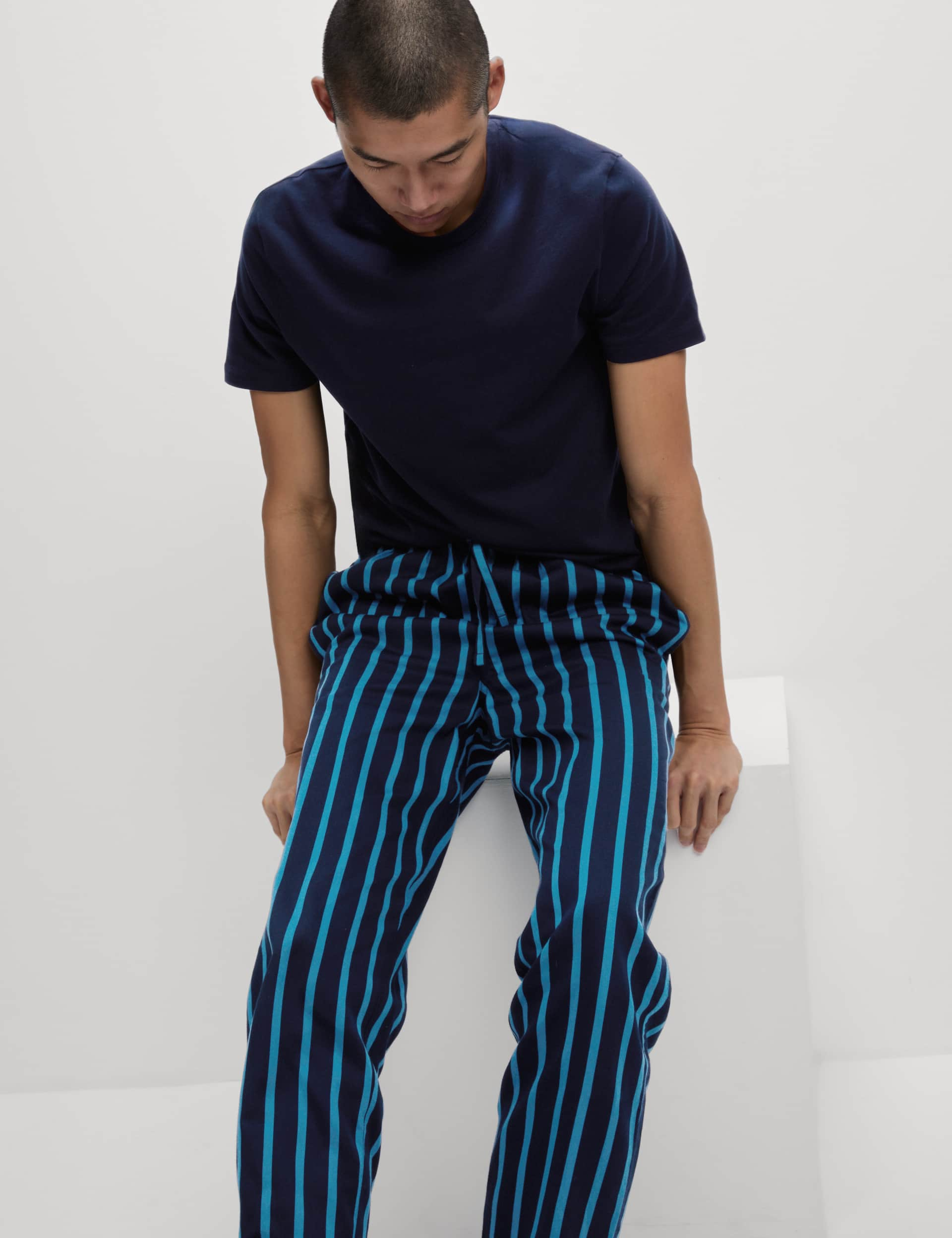 M&S Men's Candy Striped Family Christmas Pyjama Set - Navy Mix, Navy Mix