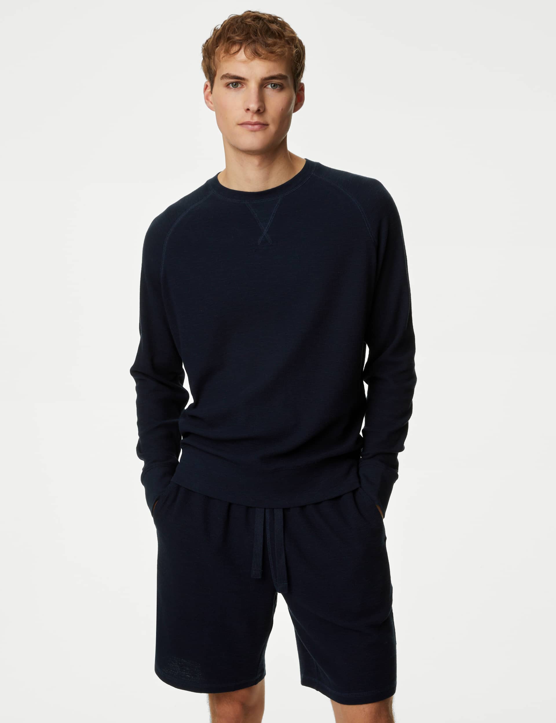 M&S Men's Pure Cotton Waffle Loungewear Sweatshirt - Navy, Grey Marl,Navy,Bright Blue