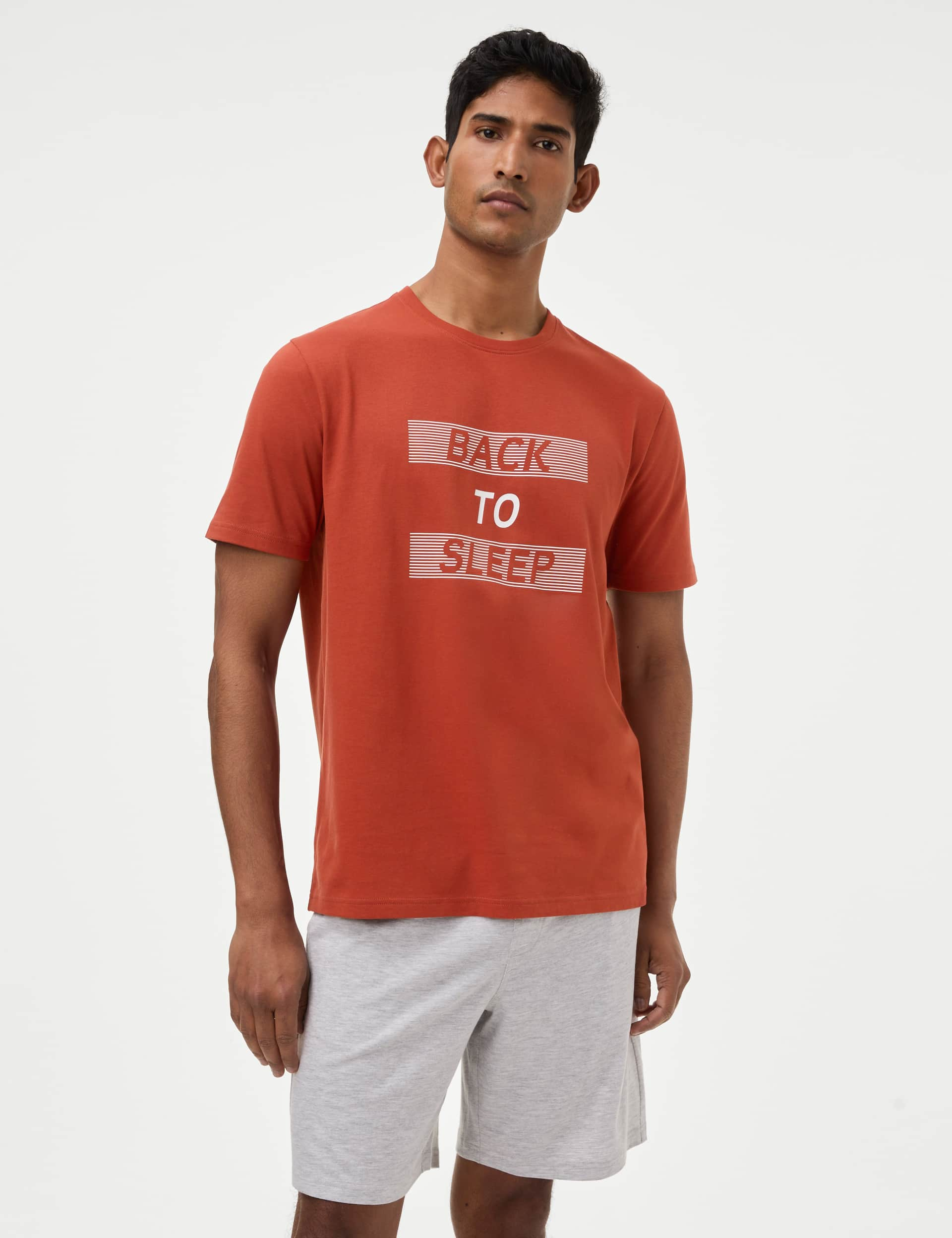 M&S Men's Pure Cotton Slogan Loungewear Top - Orange Mix, Orange Mix