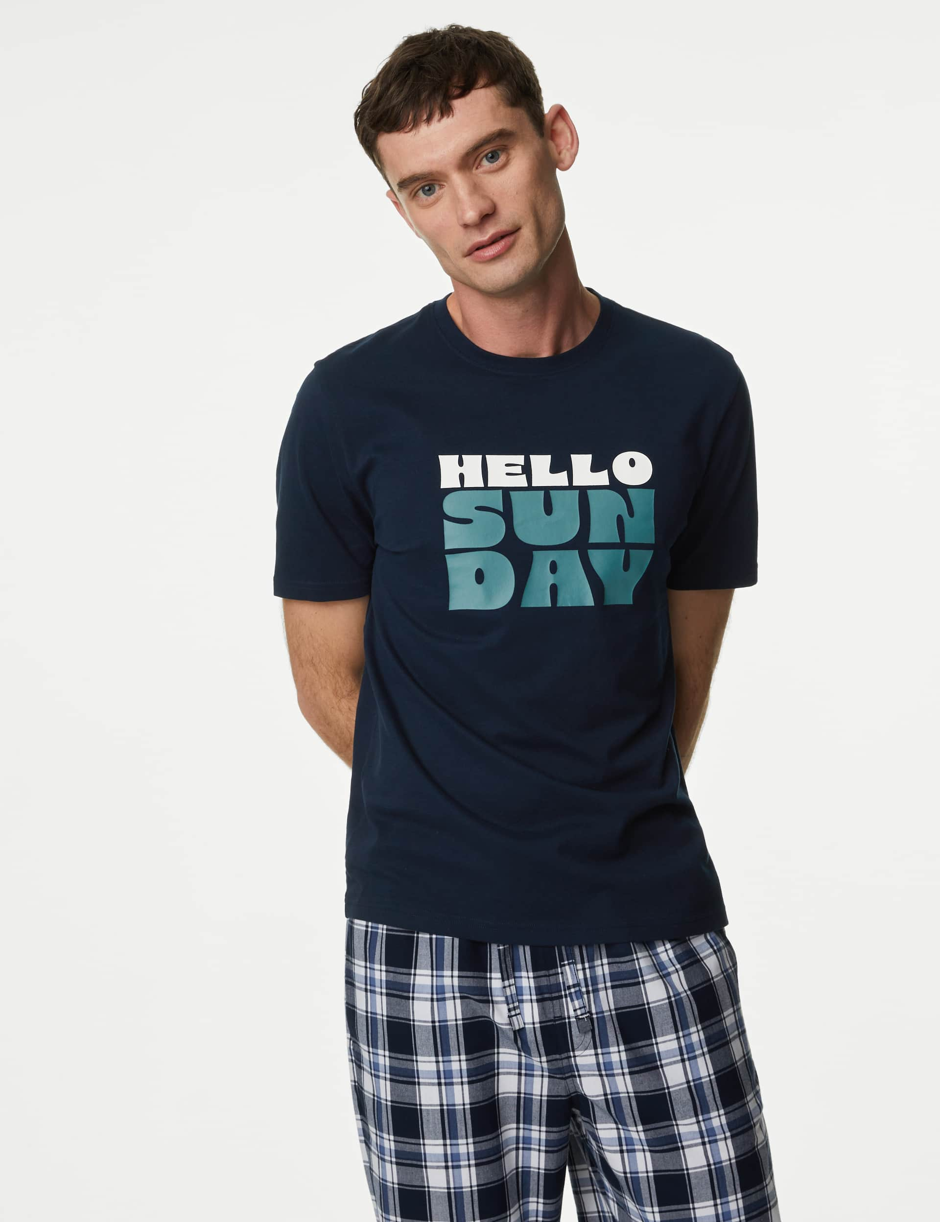 M&S Men's Pure Cotton Hello Sunday Loungewear Top - Navy Mix, Navy Mix