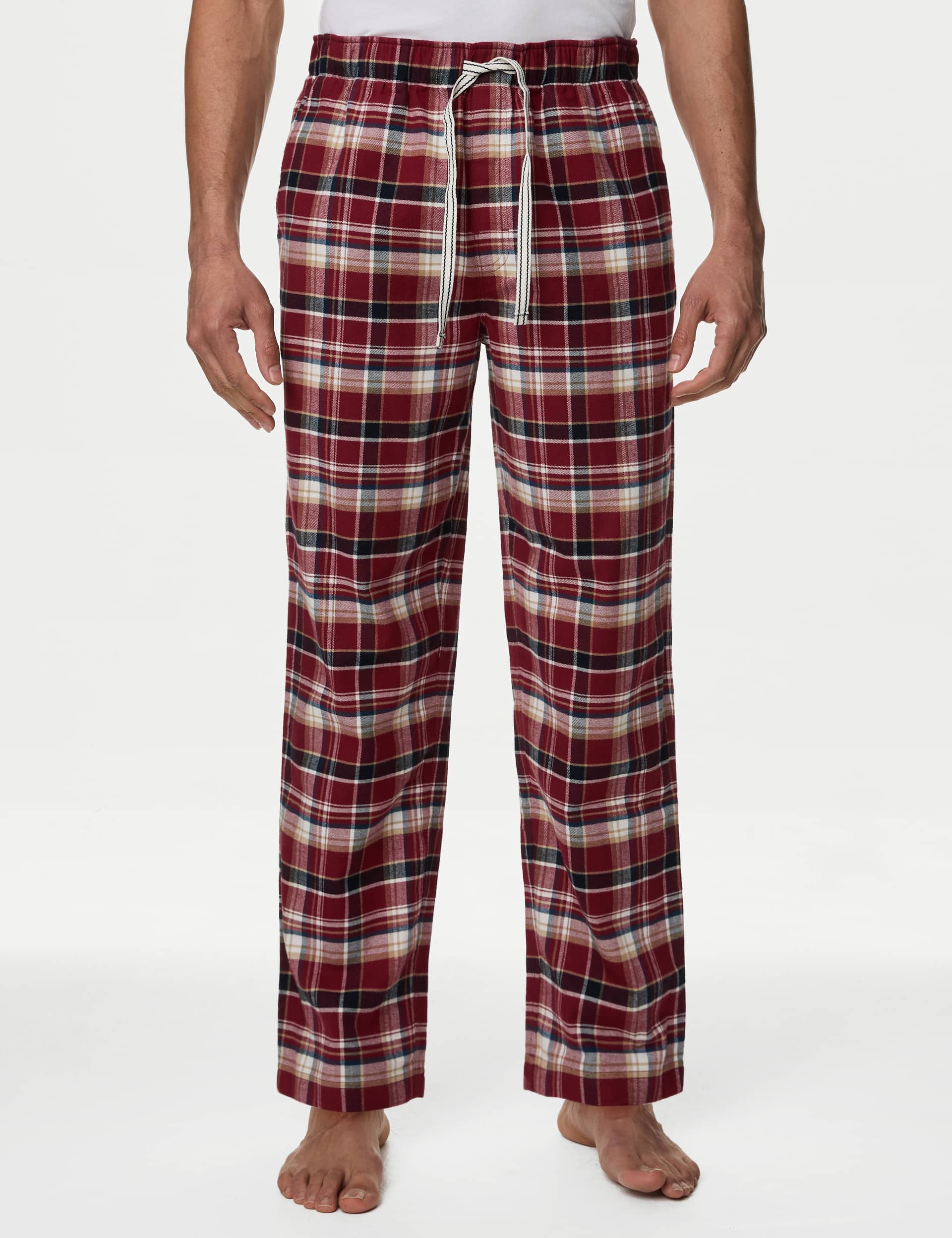 M&S Men's Pure Cotton Checked Pyjama Bottoms - Red Mix, Red Mix