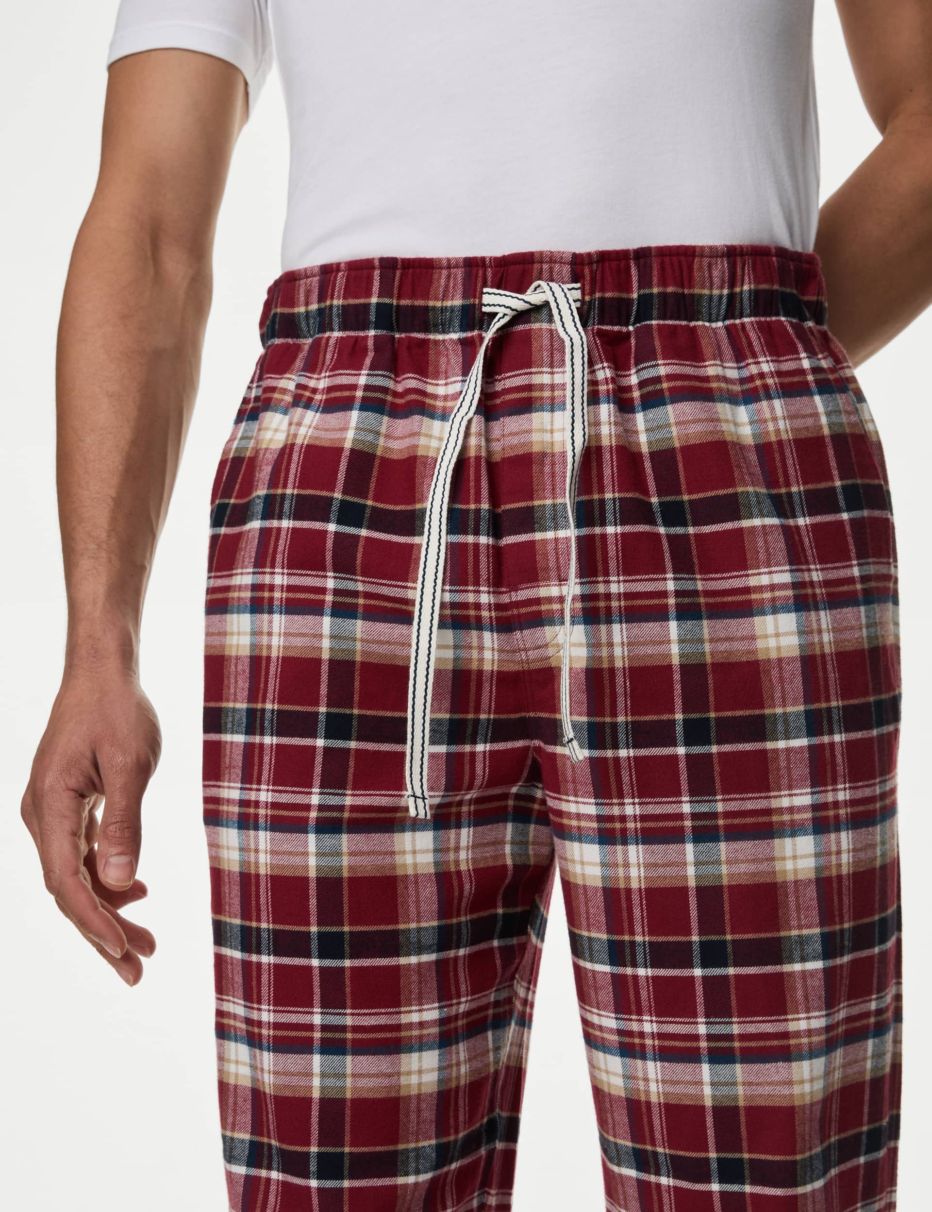 M&S Collection Men's Pure Cotton Checked Pyjama Bottoms - L - Red Mix, Red Mix