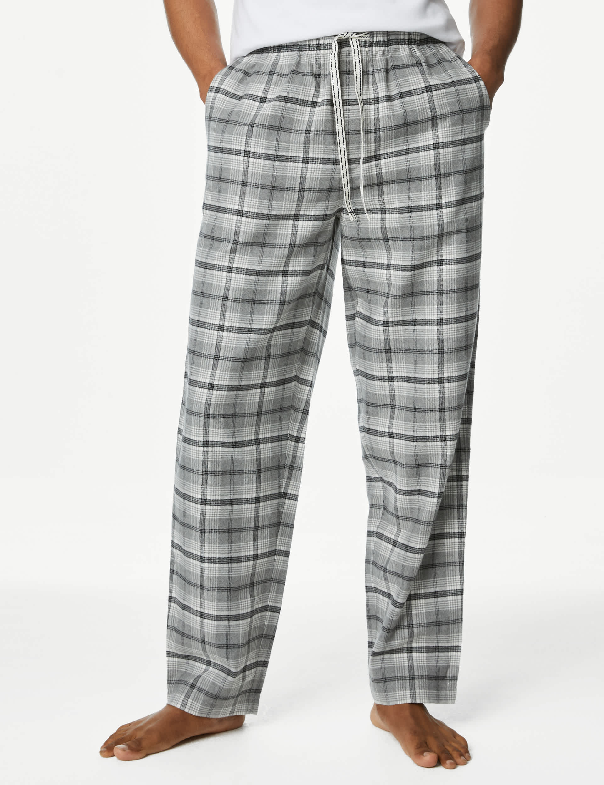 M&S Men's Pure Cotton Checked Loungewear Bottoms - Grey Mix, Grey Mix