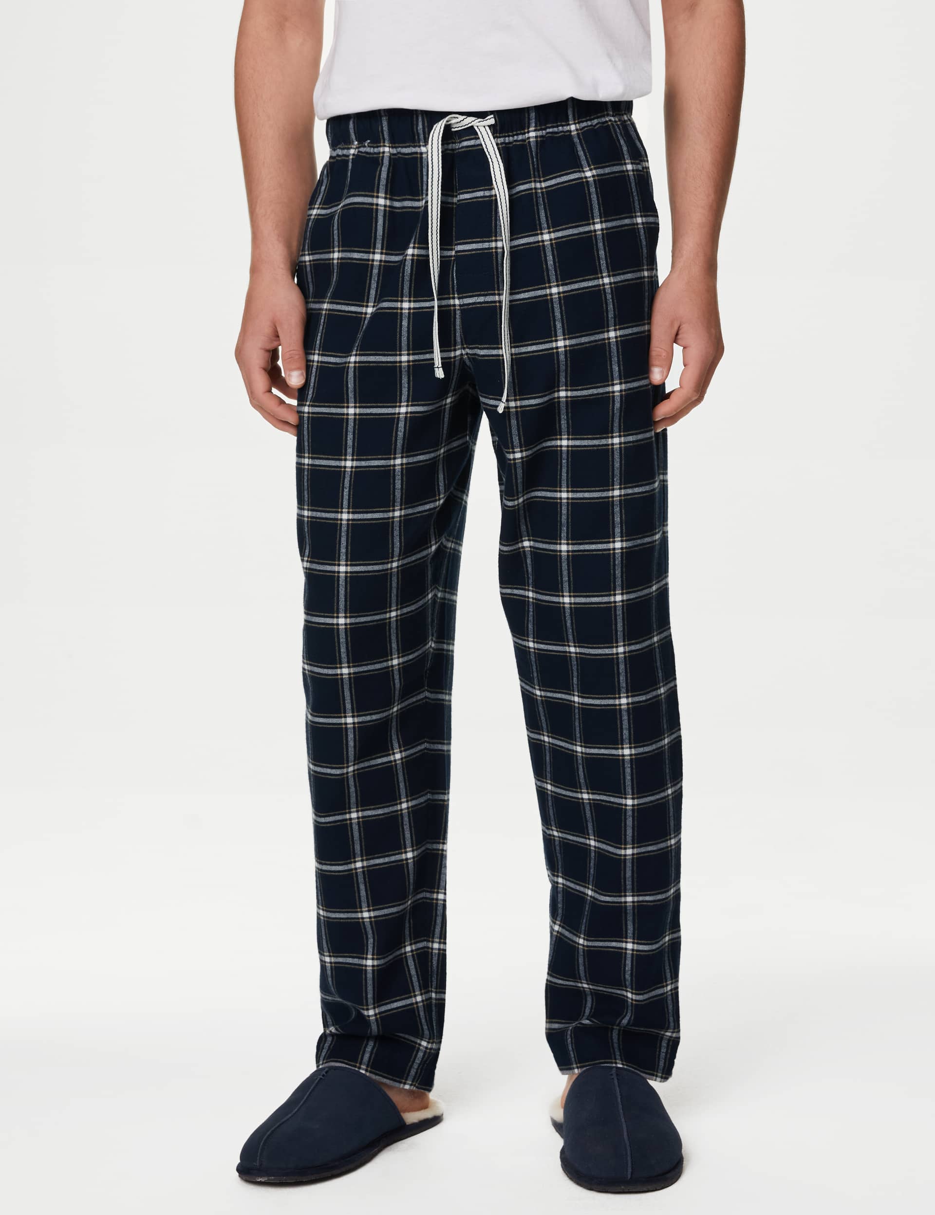 M&S Men's Pure Cotton Checked Loungewear Bottoms - Navy Mix, Navy Mix