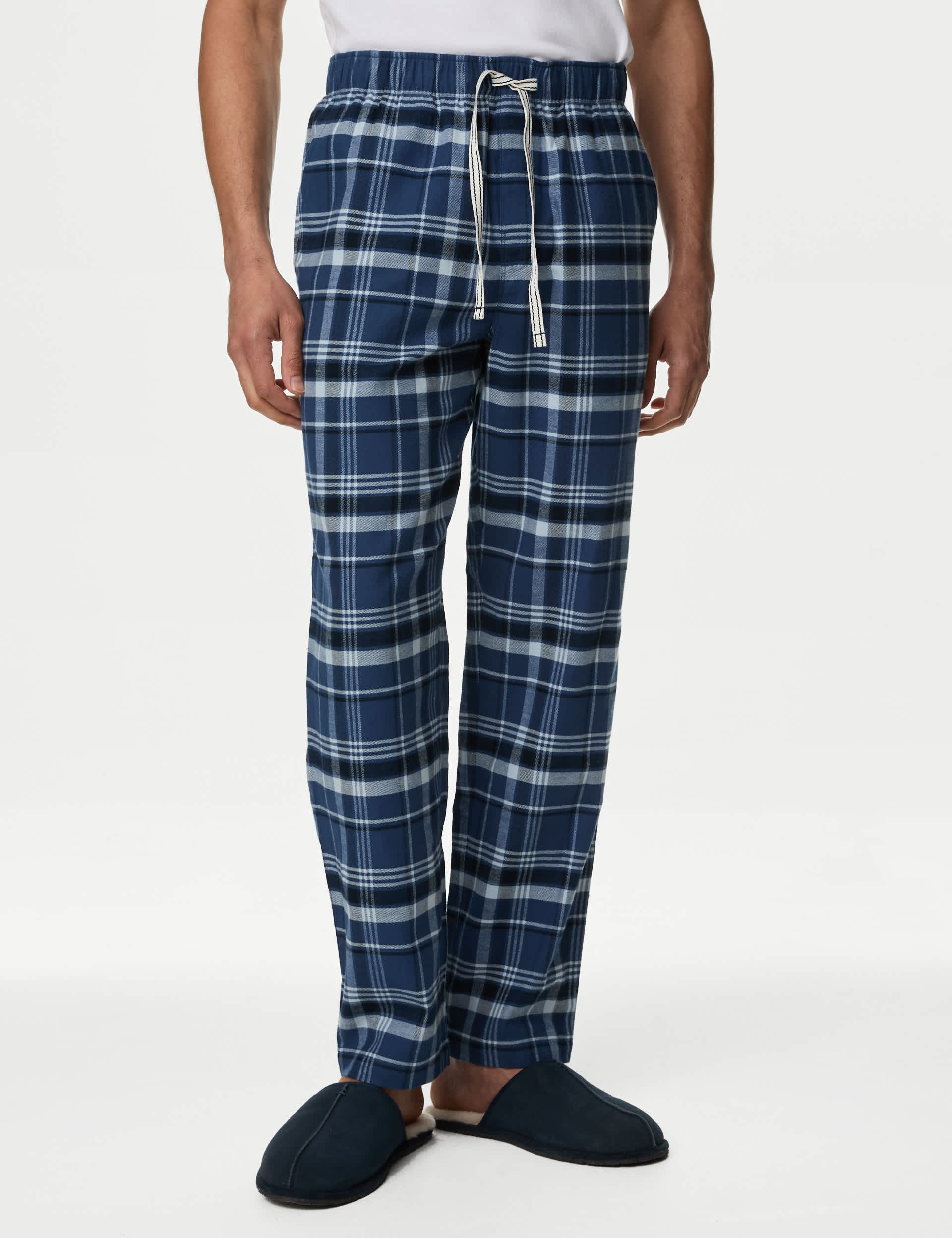 M&S Men's Pure Cotton Checked Loungewear Bottoms - Blue Mix, Blue Mix