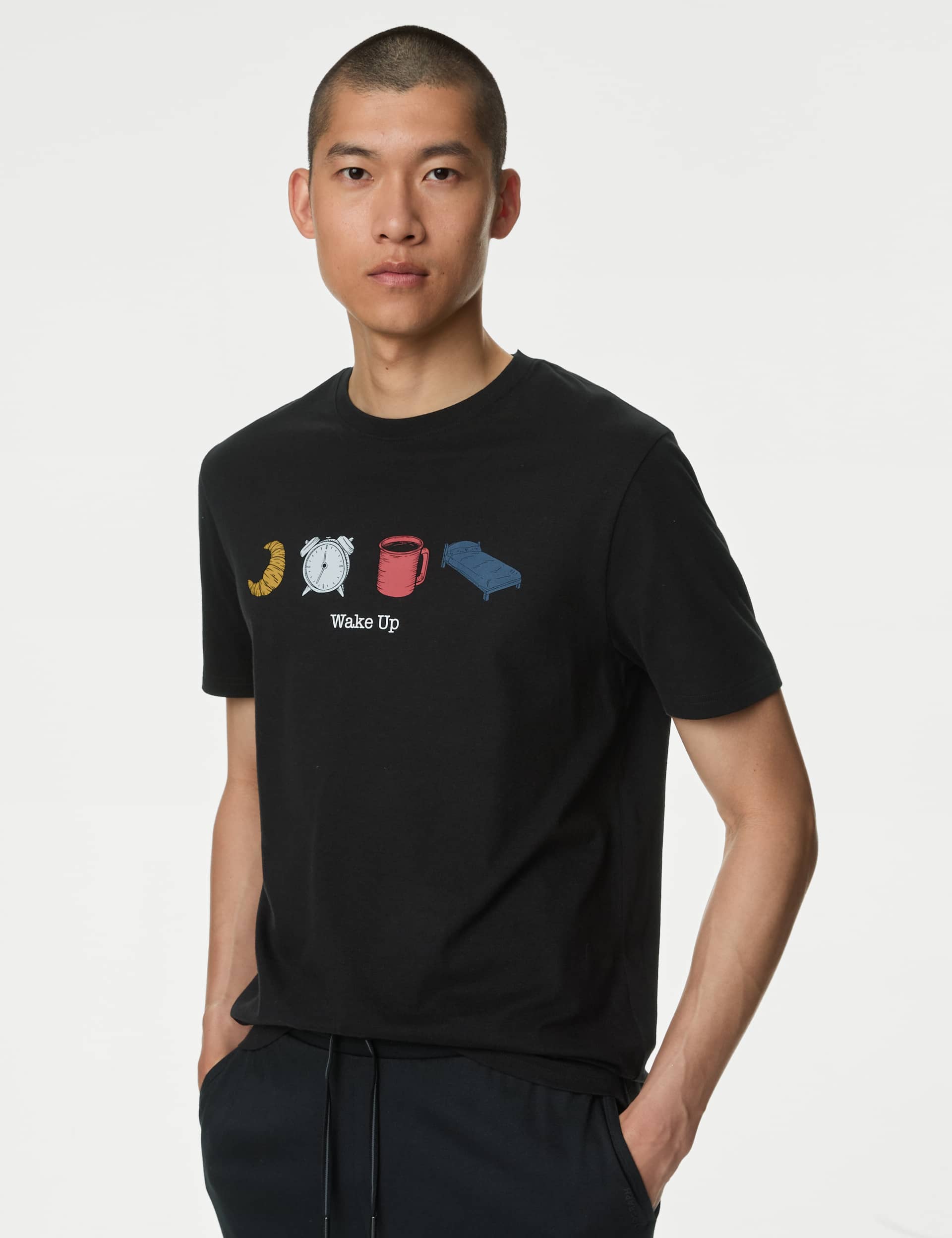 M&S Men's Pure Cotton Morning Icons Graphic Pyjama Top