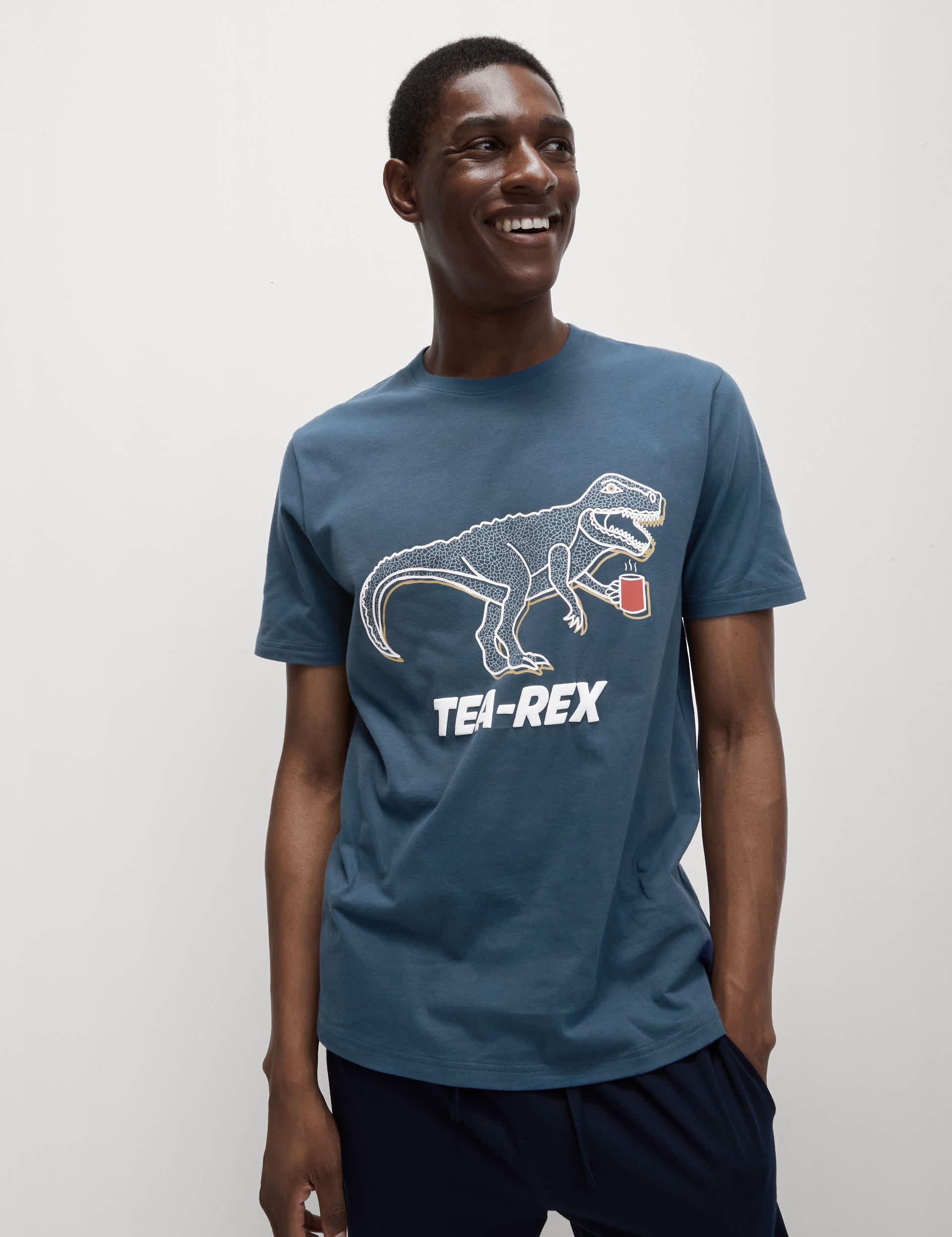 M&S Men's Pure Cotton Tea Rex Graphic Pyjama Top