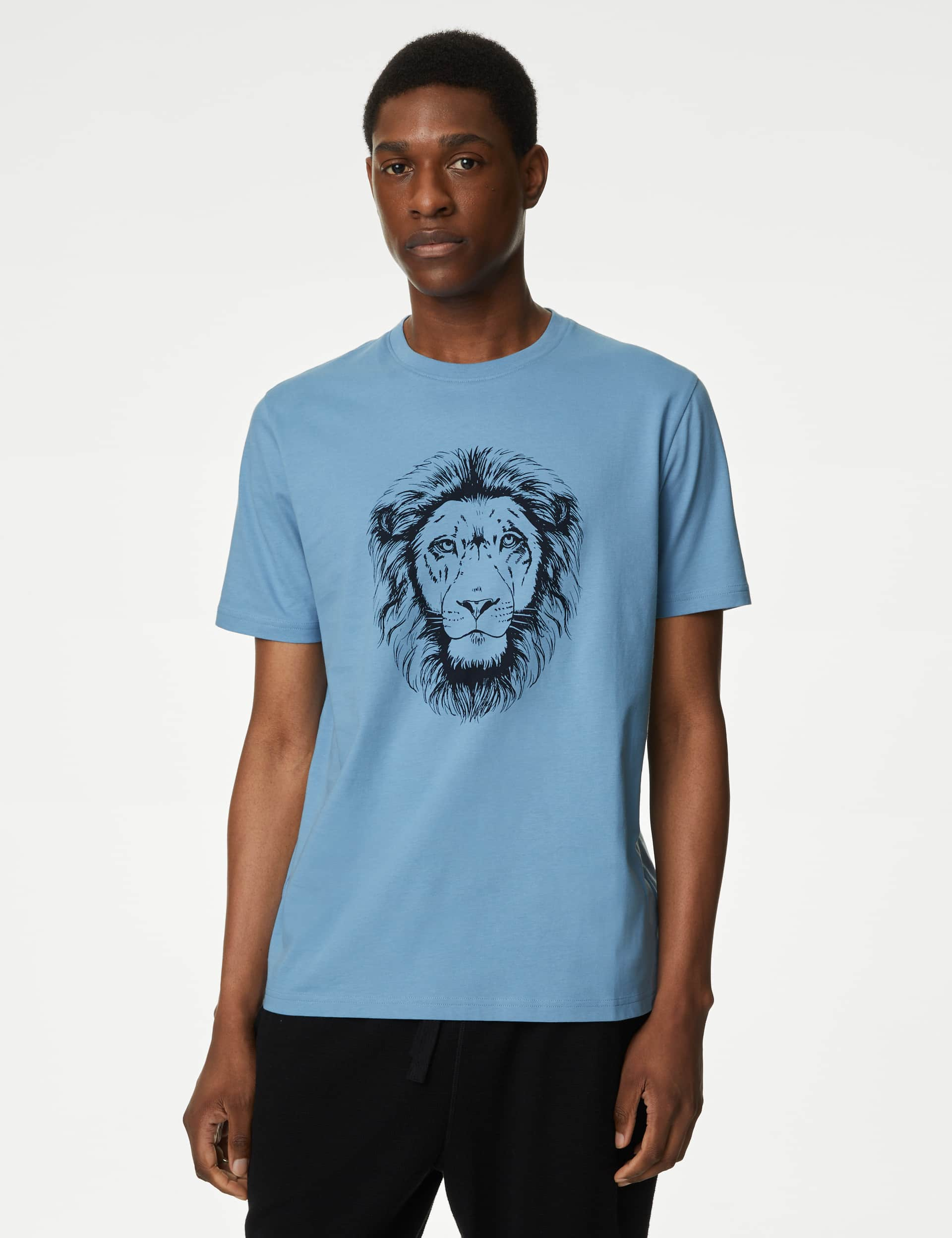 M&S Men's Pure Cotton Lion Graphic T-Shirt - Blue Mix, Blue Mix