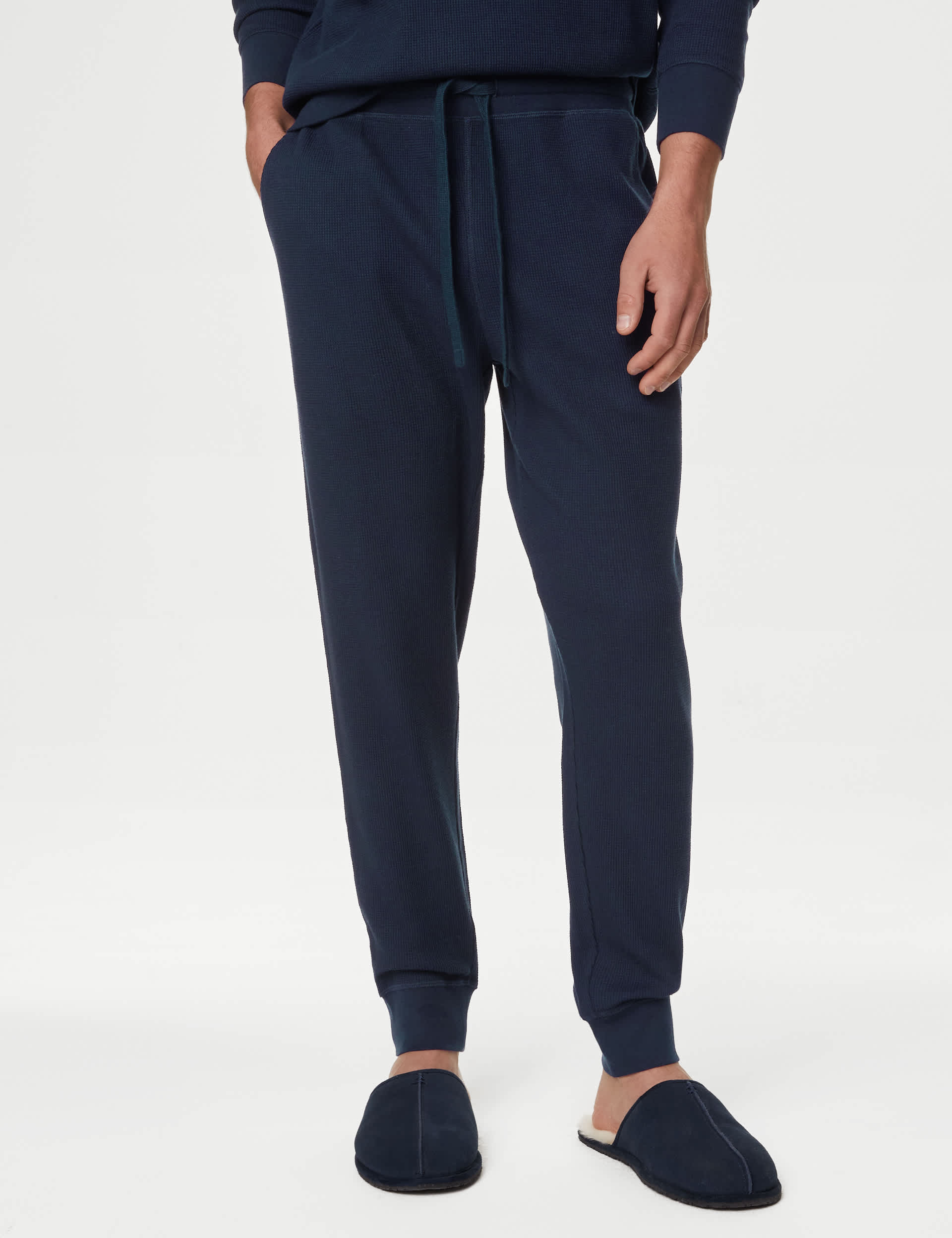 M&S Men's Pure Cotton Waffle Loungewear Bottoms - Navy, Light Denim,Navy,Bottle Green