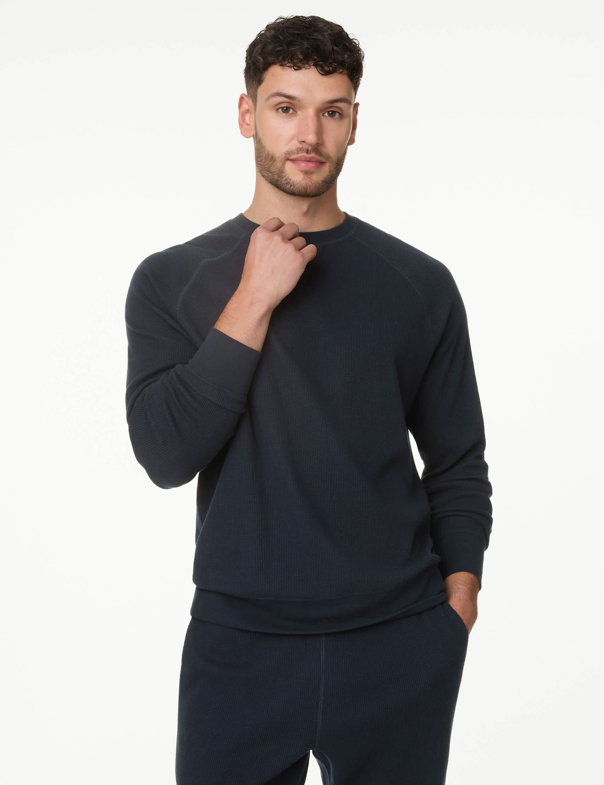 M&S Men's Pure Cotton Waffle Loungwear Sweatshirt - Navy, Navy,Light Denim,Bottle Green