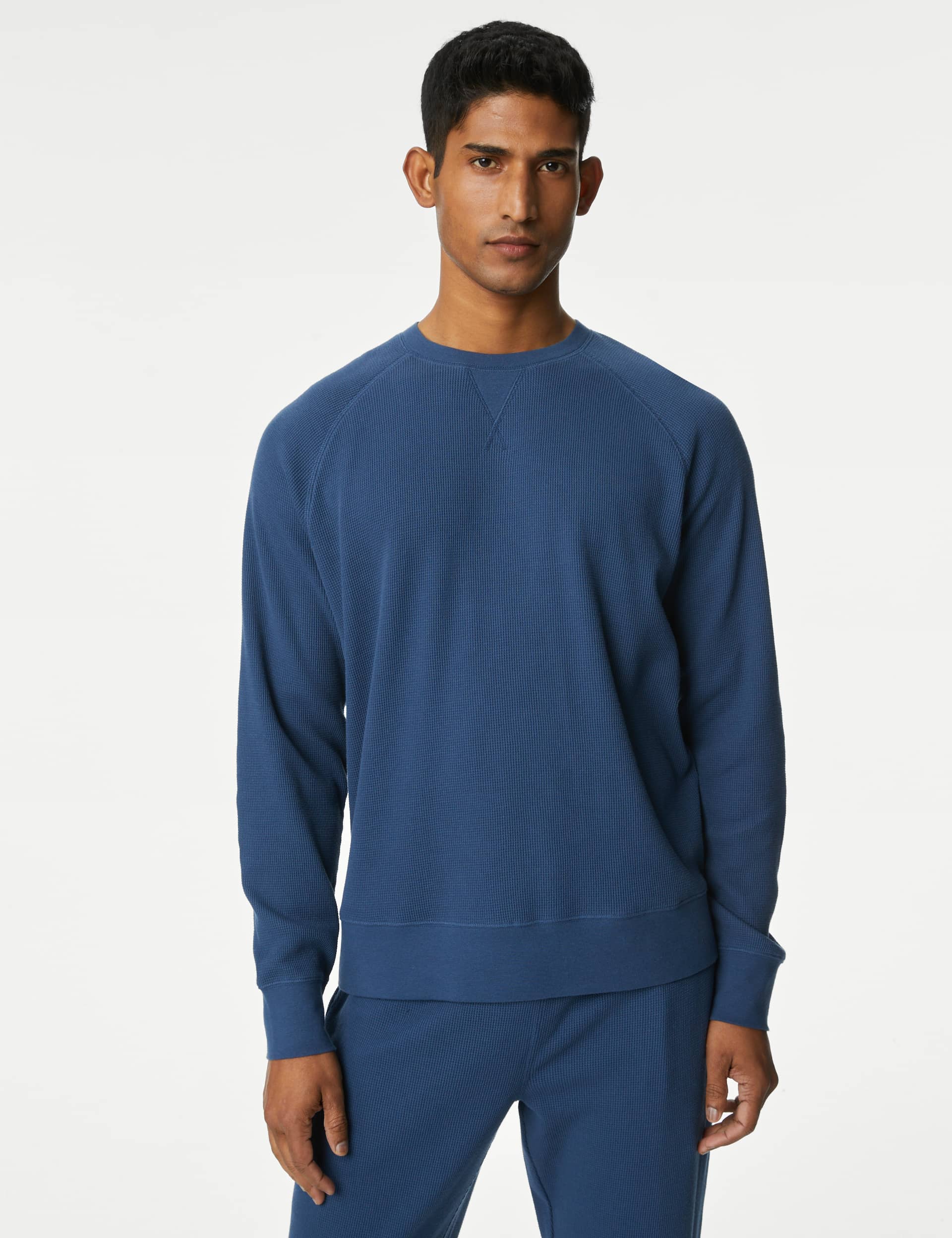 M&S Men's Pure Cotton Waffle Loungwear Sweatshirt - M - Light Denim, Navy,Light Denim