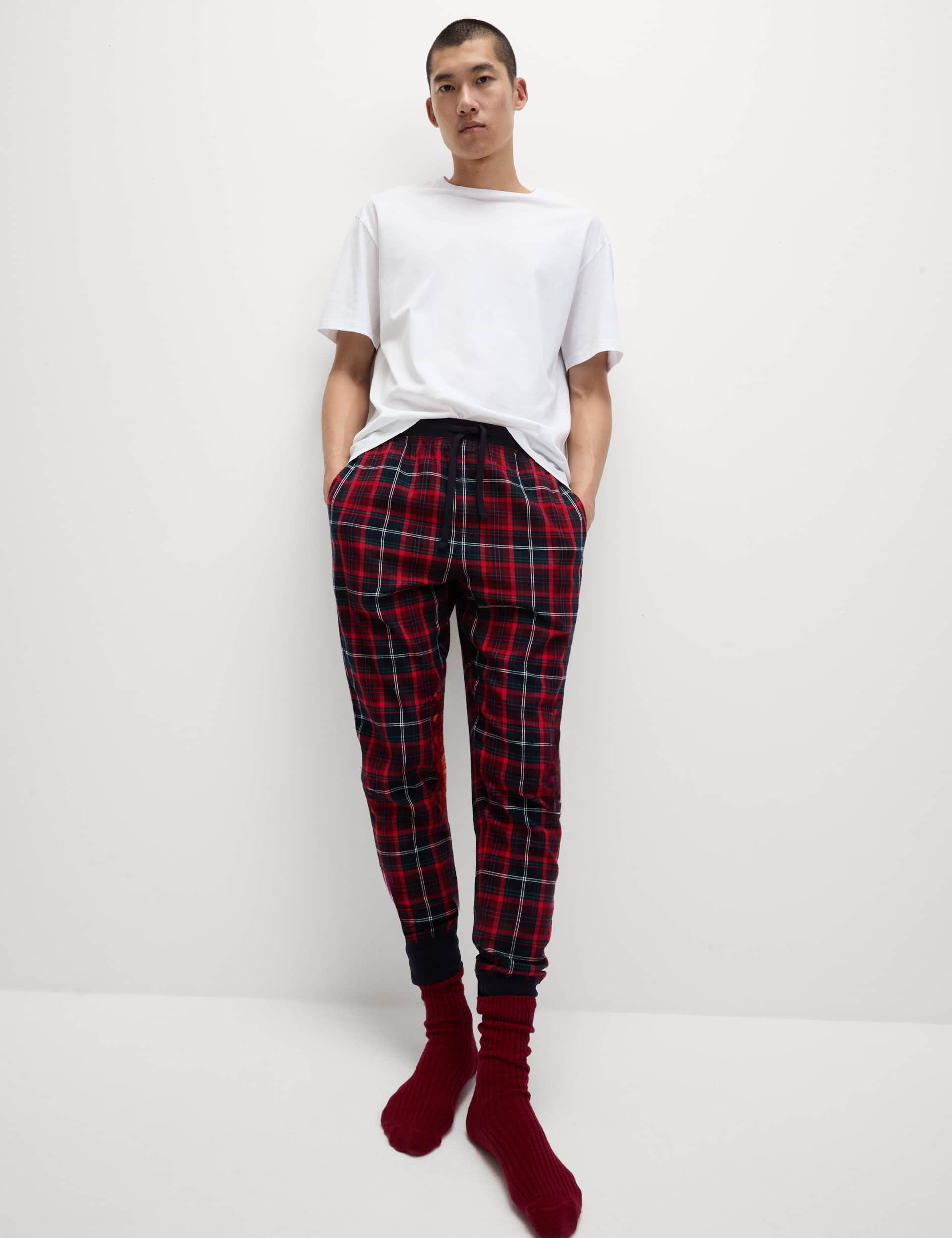 M&S Men's Brushed Cotton Rich Checked Jogger Bottoms - Red Mix, Red Mix