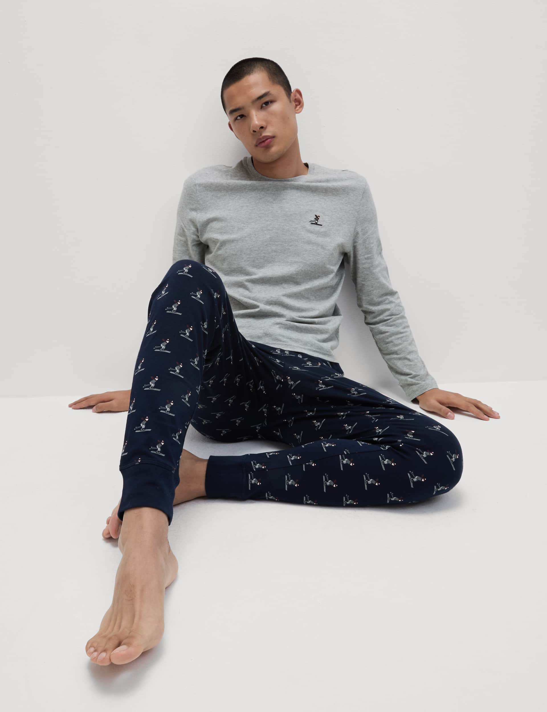 M&S Men's Pure Cotton Ski Print Pyjama Set - Navy Mix, Navy Mix