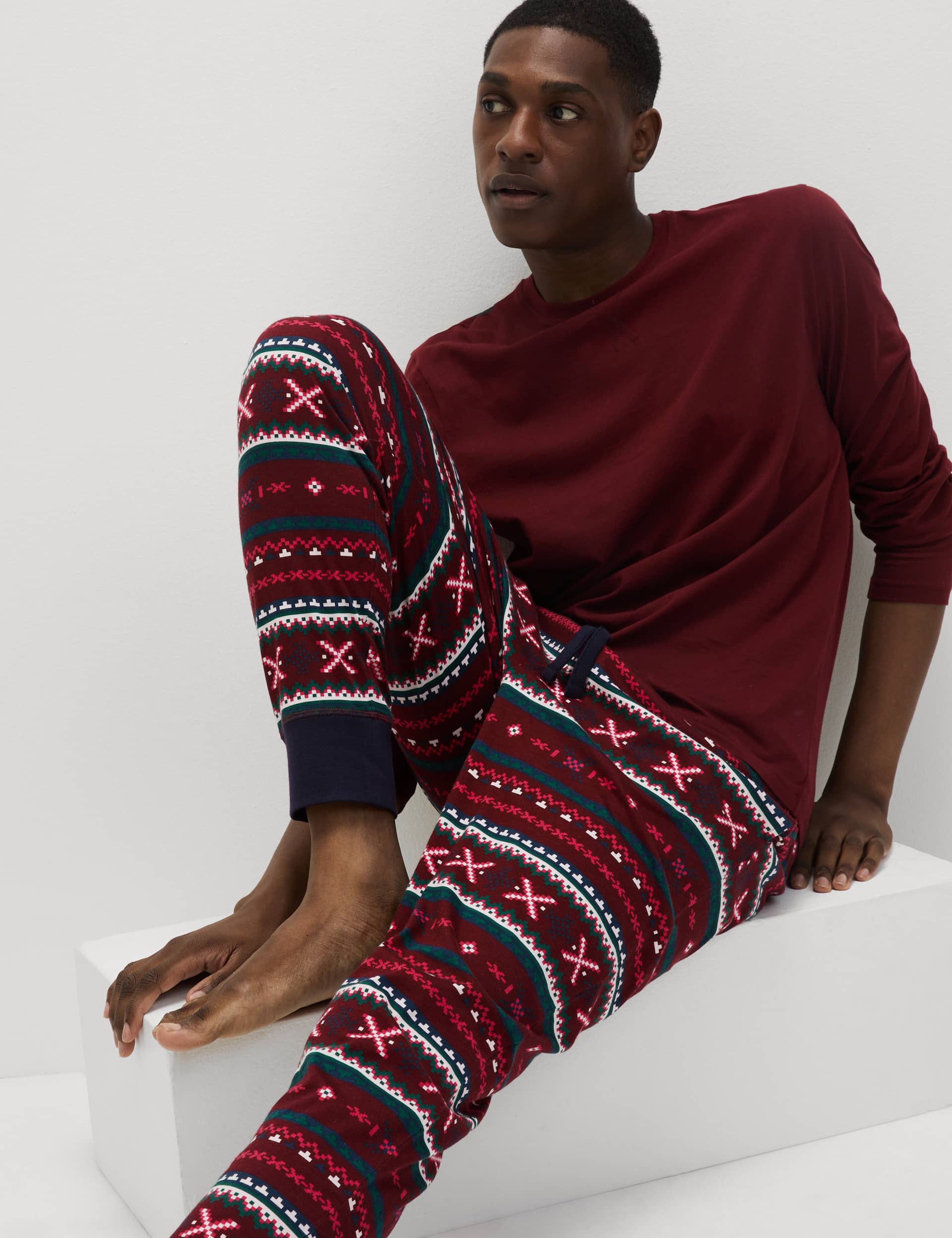 M&S Men's Pure Cotton Fair Isle Pyjama Set - Burgundy Mix, Burgundy Mix