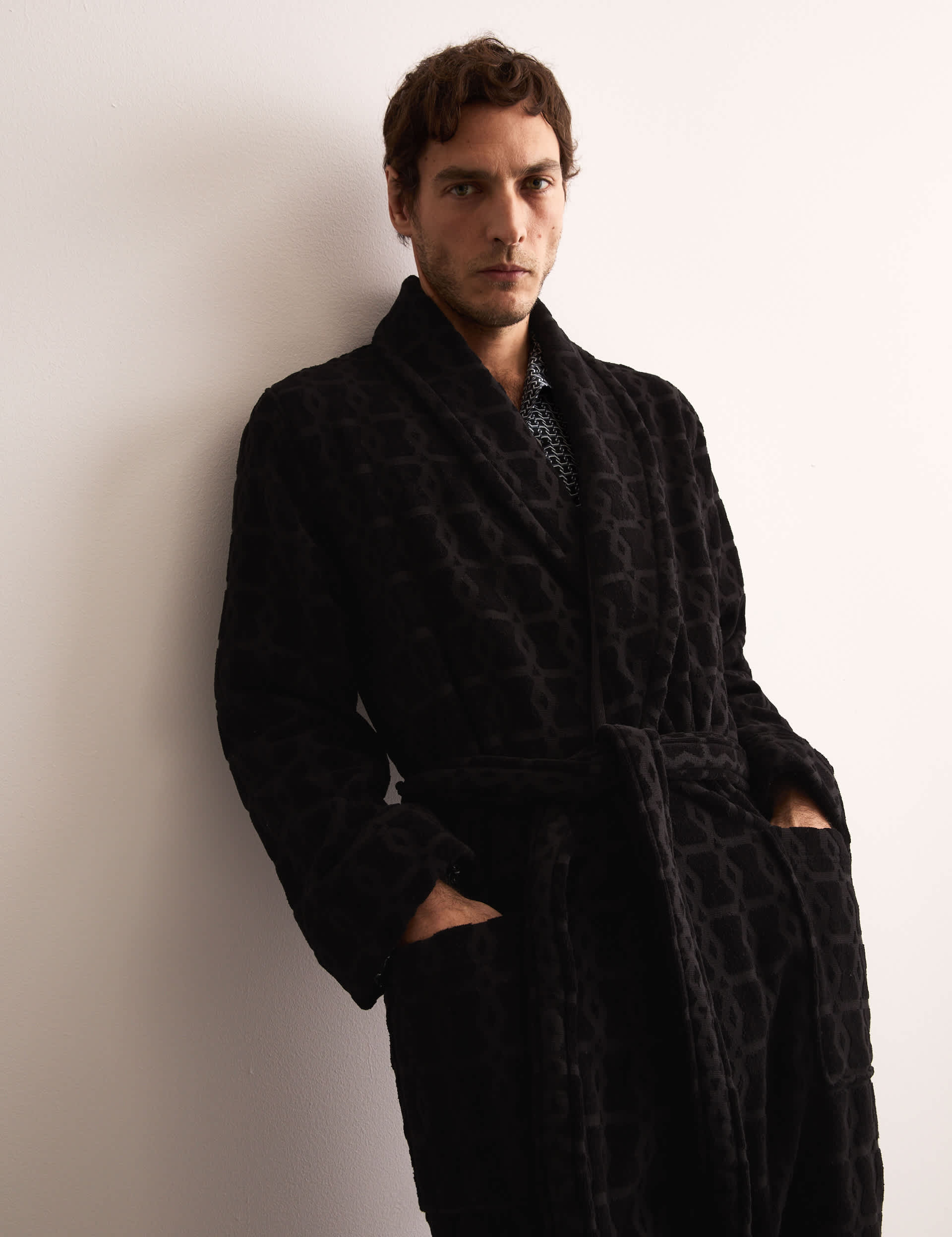 Jaeger Men's Pure Cotton Velour Dressing Gown - M - Black Mix, Black Mix