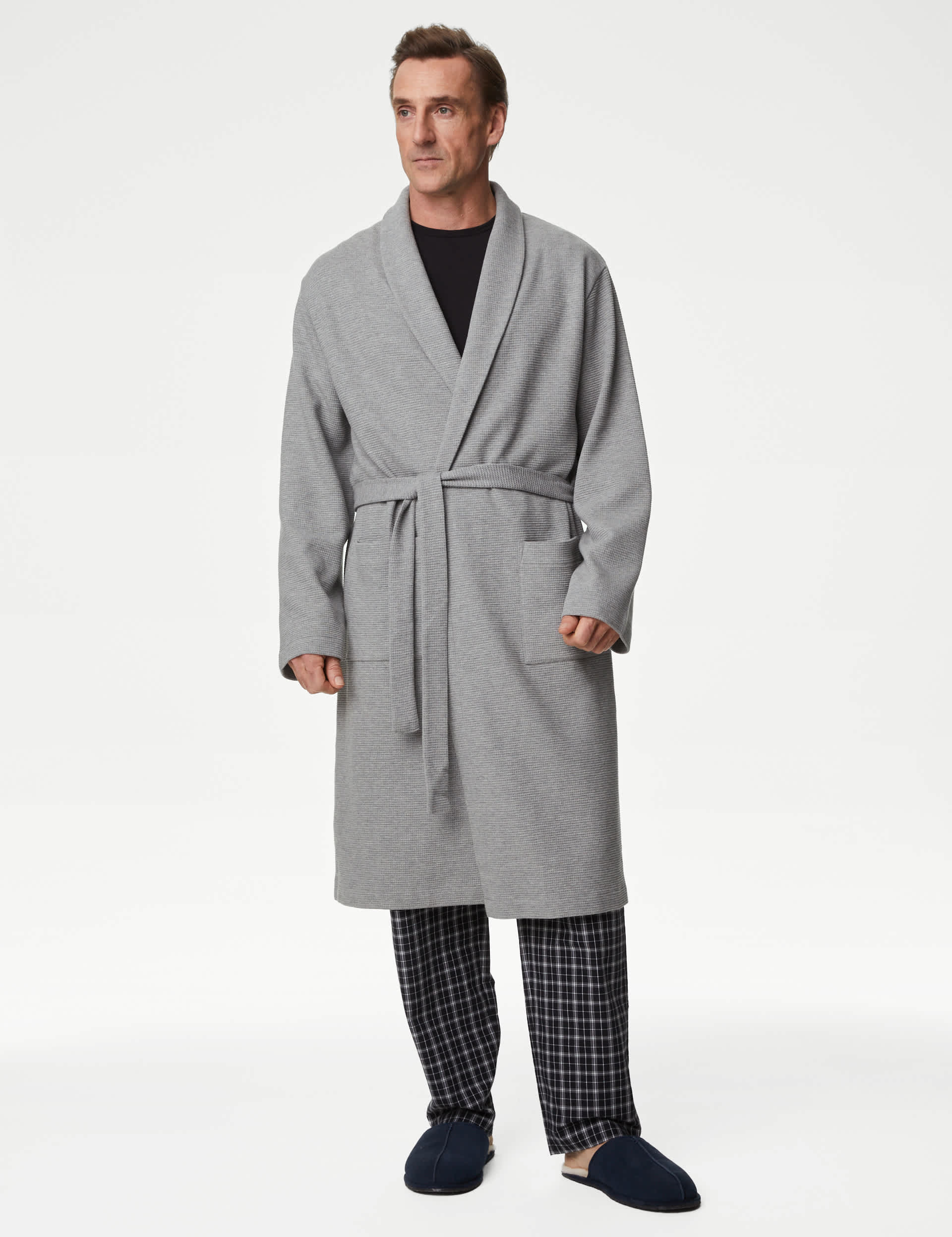 M&S Men's Pure Cotton Waffle Lightweight Dressing Gown - Grey Mix, Grey Mix