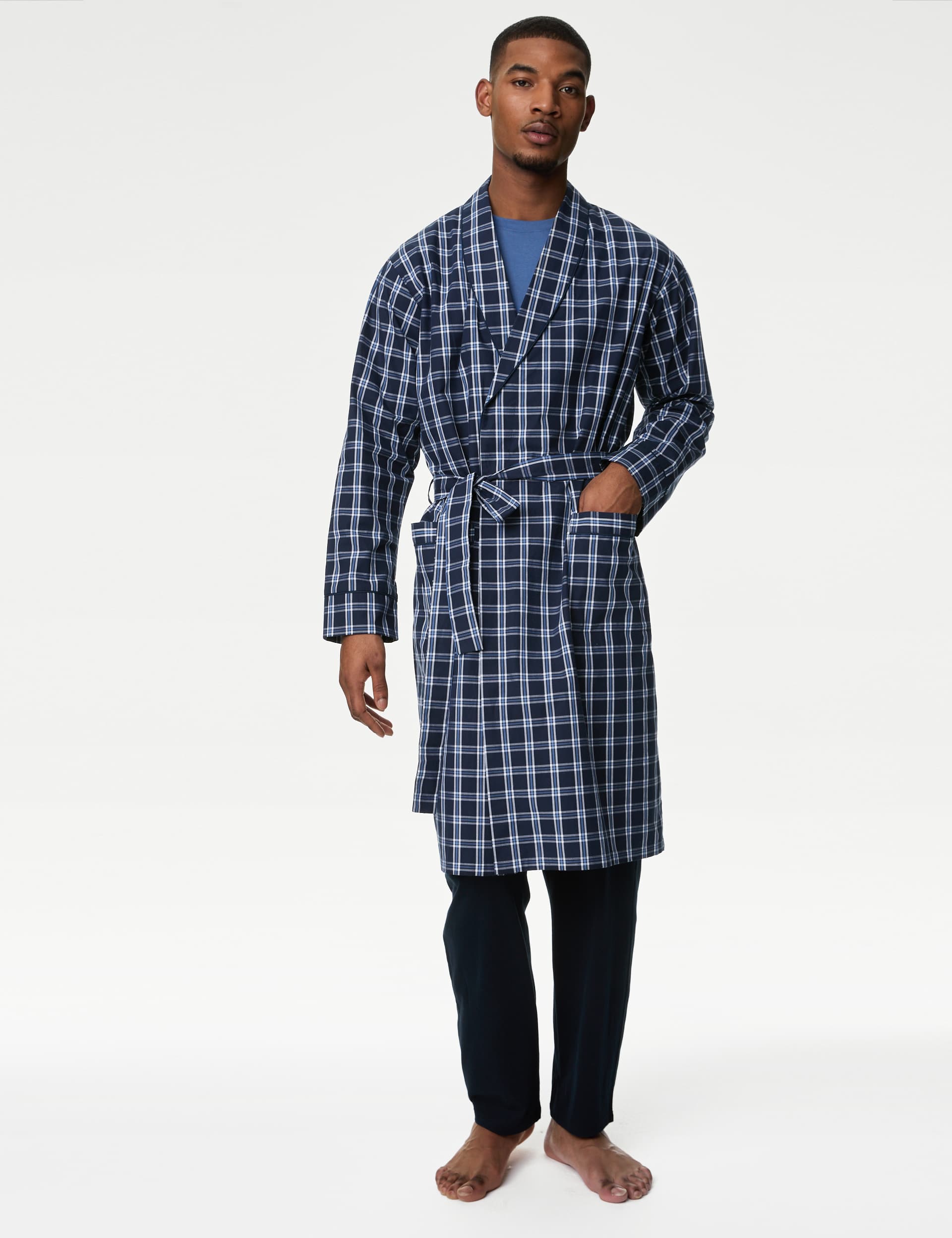 M&S Men's Pure Cotton Checked Dressing Gown - L - Navy Mix, Navy Mix