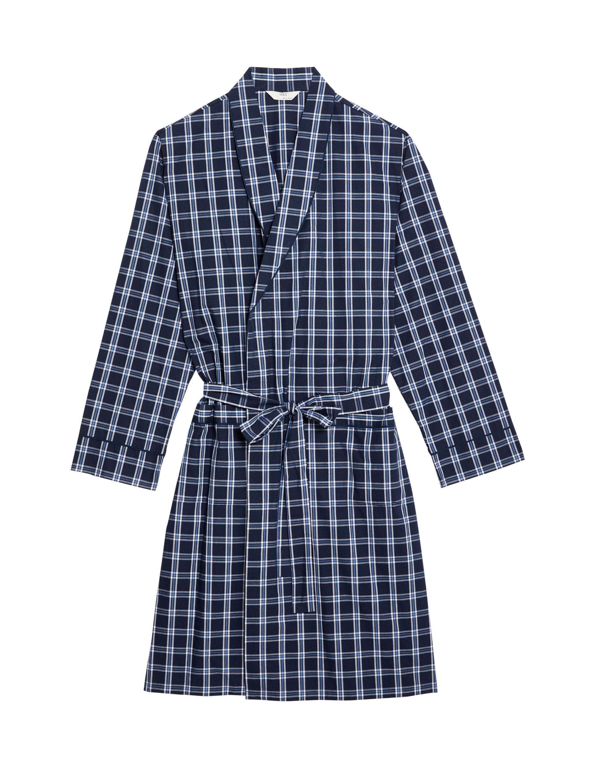 M&S Collection Men's Pure Cotton Checked Dressing Gown - M - Navy Mix, Navy Mix