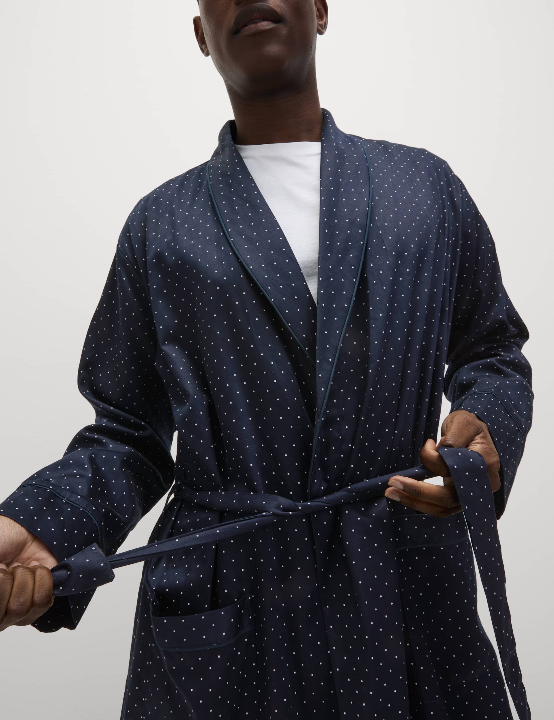 M&S Men's Pure Cotton Polka Dot Dressing Gown - M - Navy Mix, Navy Mix