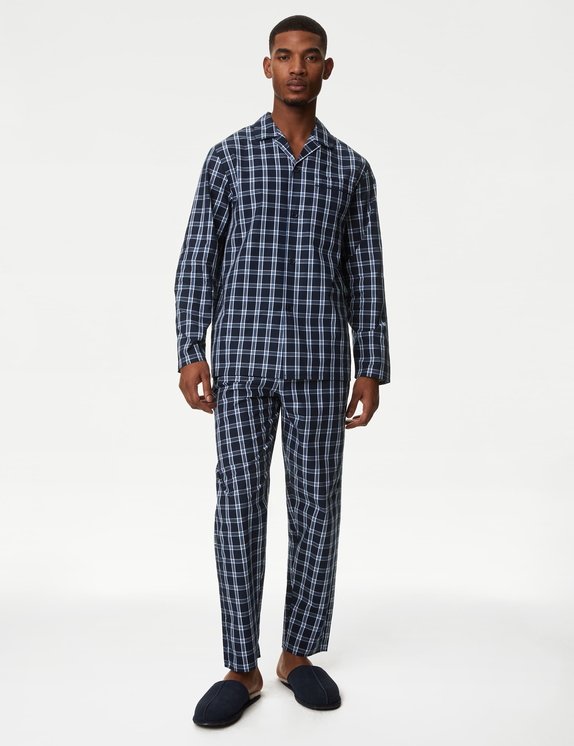 M&S Men's Pure Cotton Checked Pyjama Set - L - Navy Mix, Navy Mix