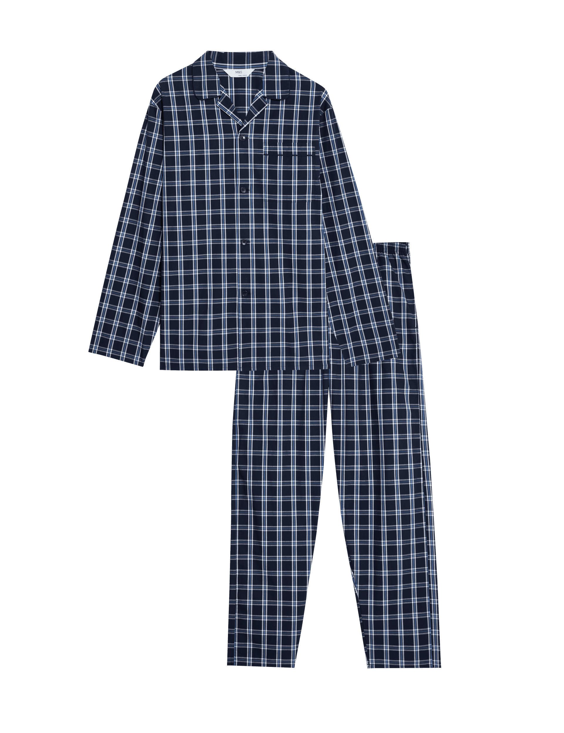 M&S Collection Men's Pure Cotton Checked Pyjama Set - L - Navy Mix, Navy Mix