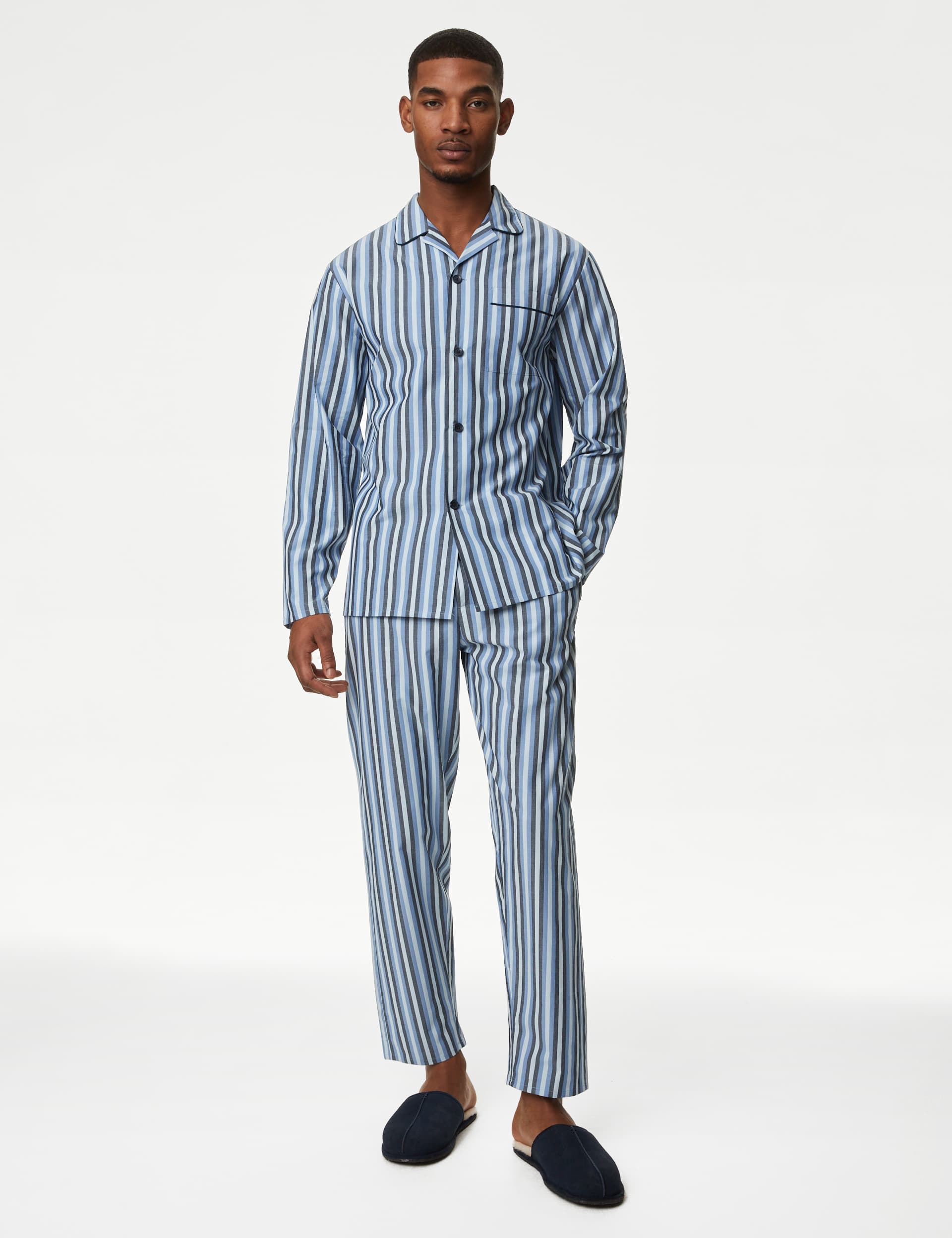 M&S Men's Pure Cotton Striped Pyjama Set - L - Blue Mix, Blue Mix