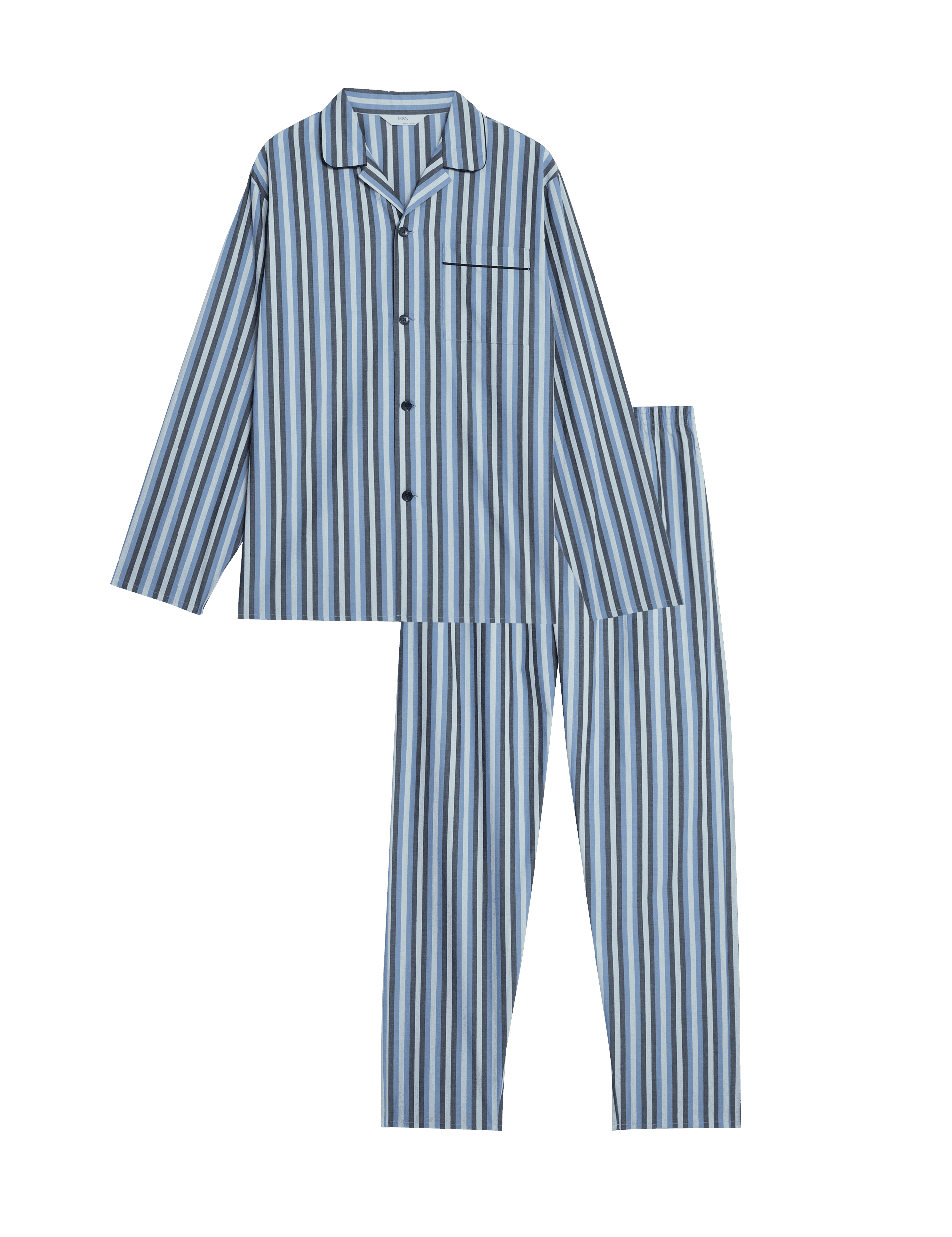 M&S Collection Men's Pure Cotton Striped Pyjama Set - L - Blue Mix, Blue Mix