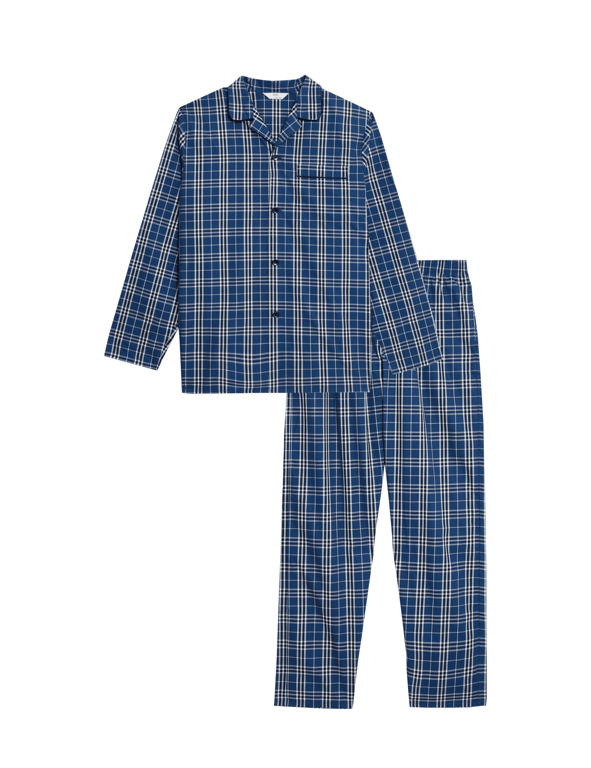 M&S Collection Men's Pure Cotton Checked Pyjama Set - L - Blue Mix, Blue Mix