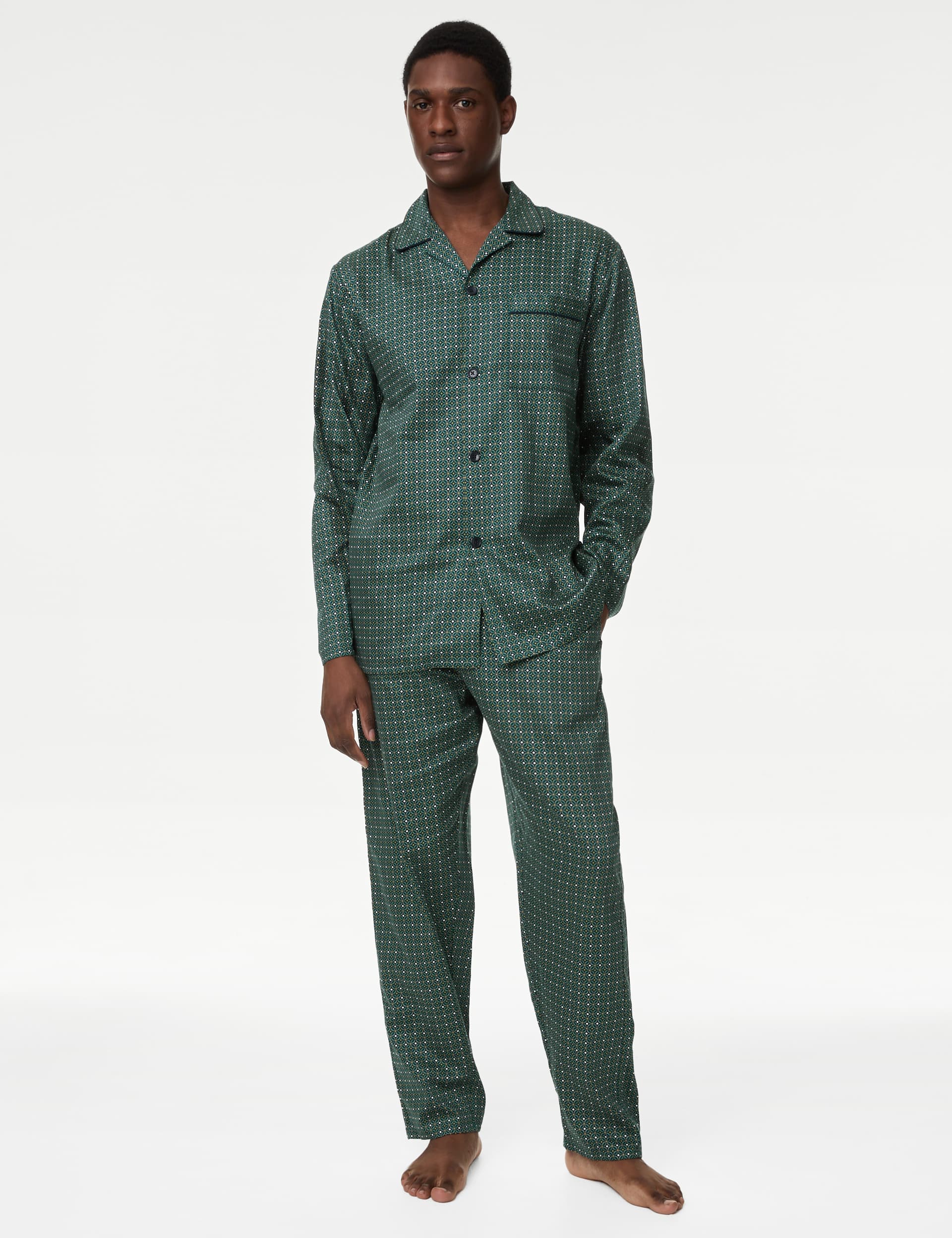 M&S Men's Pure Cotton Geometric Pyjama Set - L - Green Mix, Green Mix